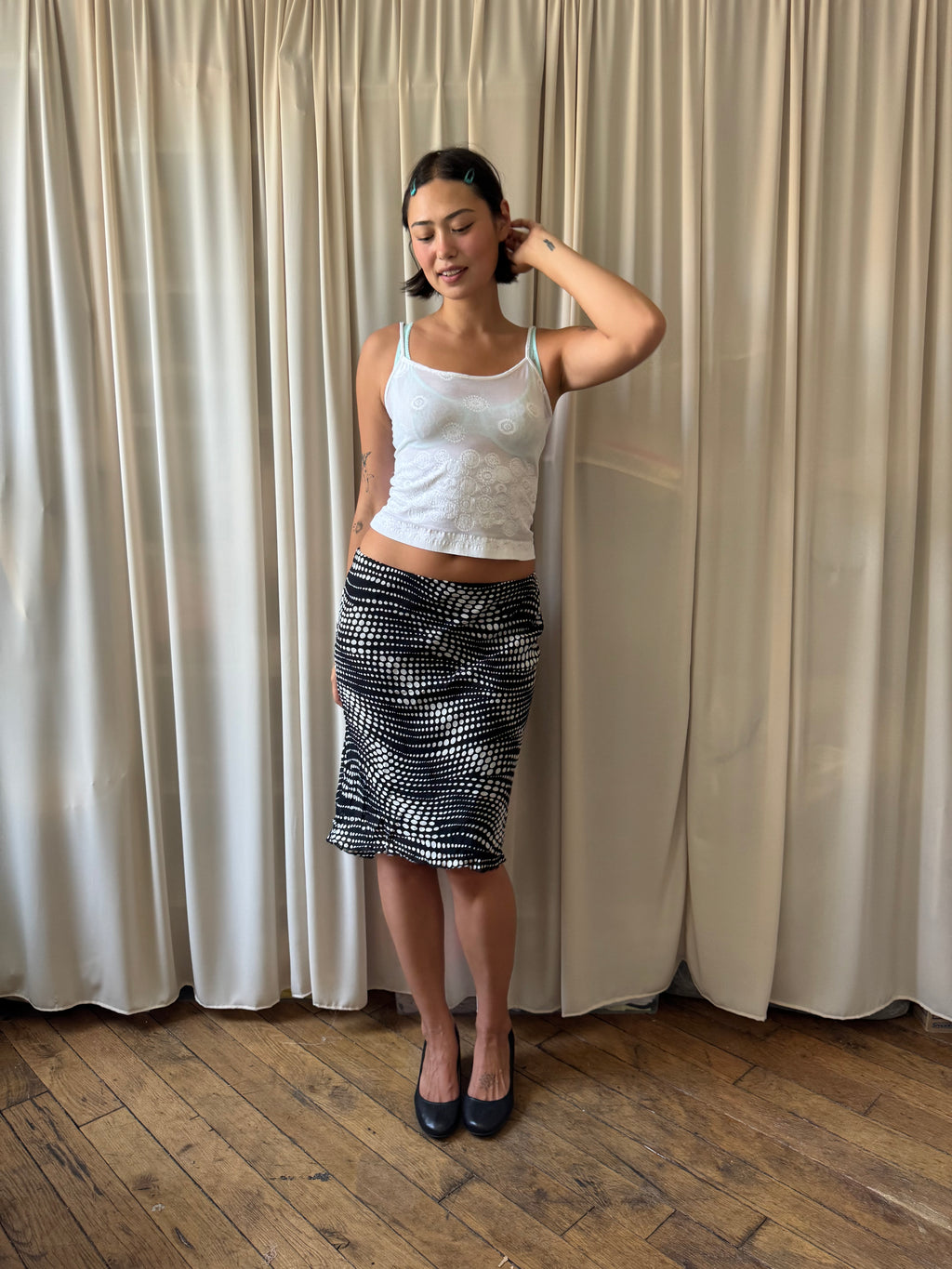 Black and white polka dot midi skirt