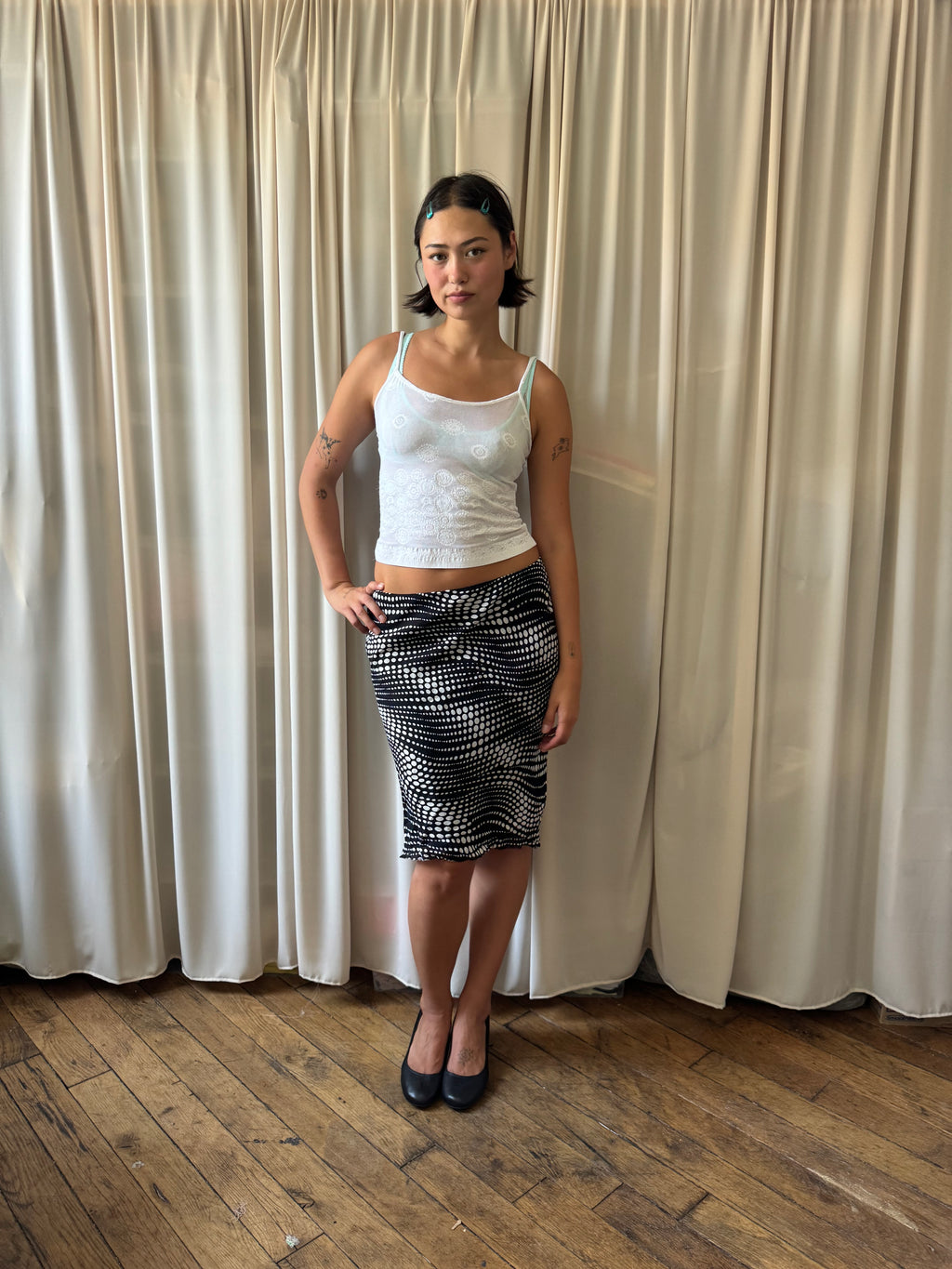 Black and white polka dot midi skirt