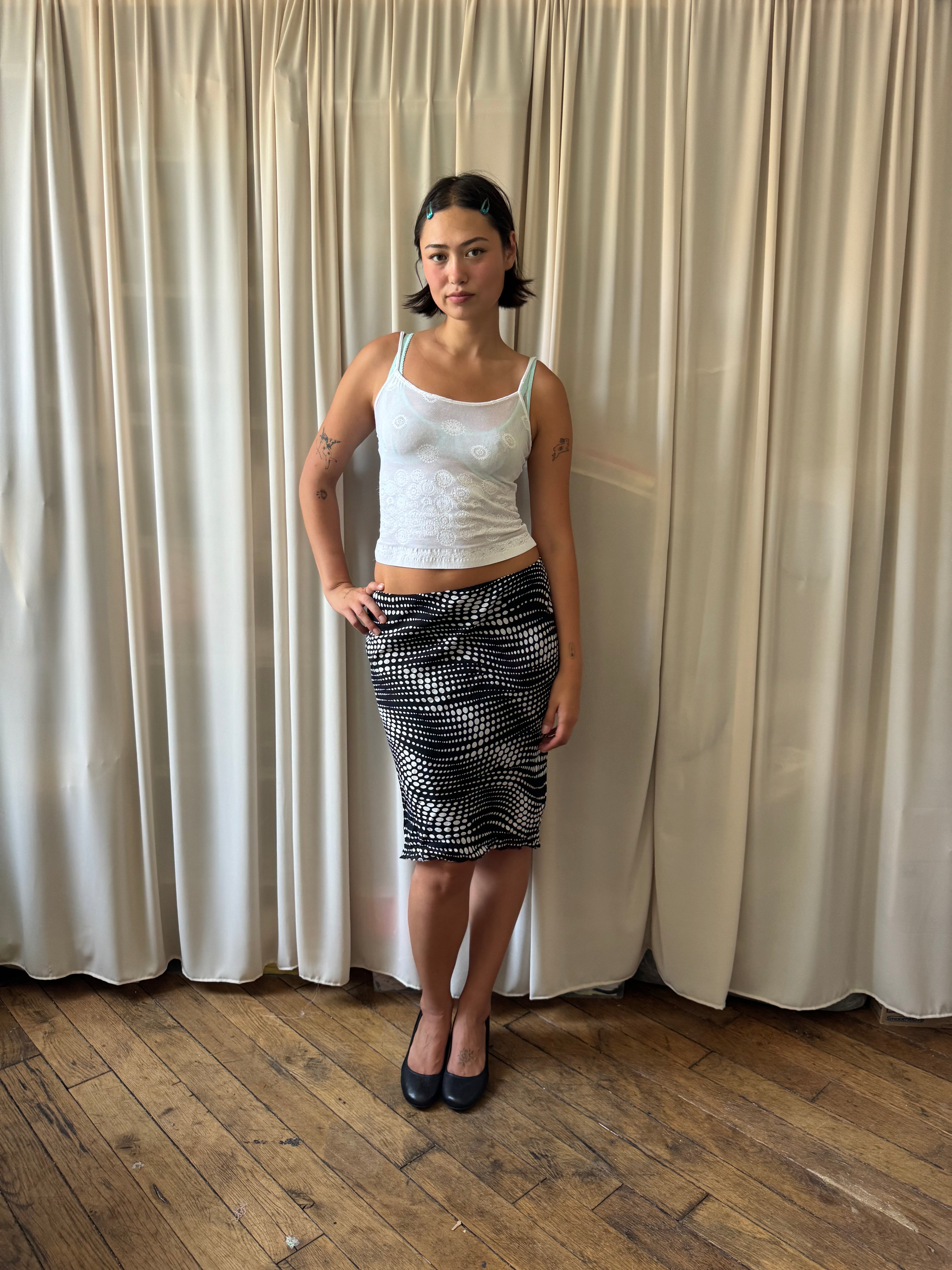 Black and white polka dot midi skirt
