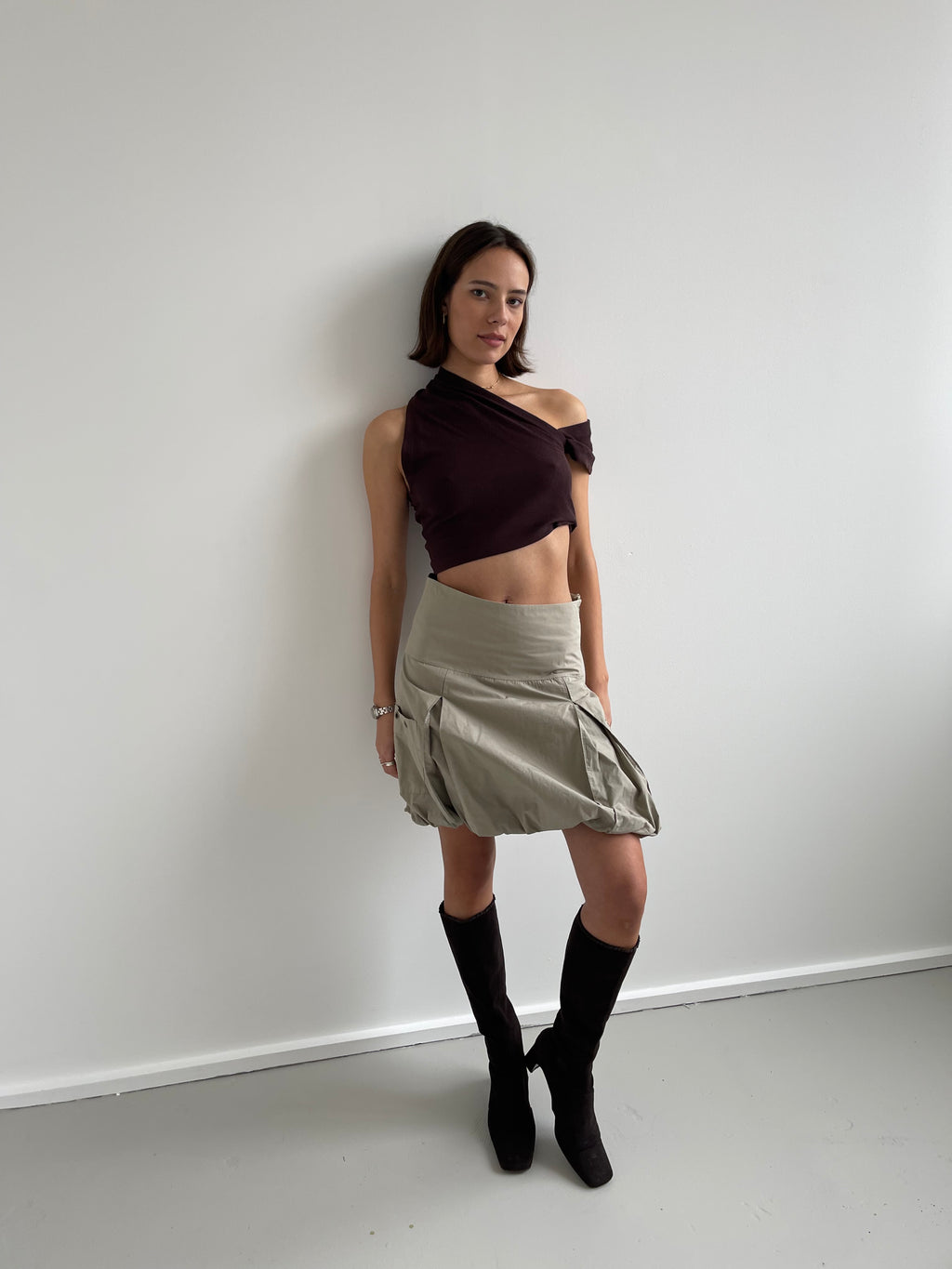 Brown cropped asymetric top