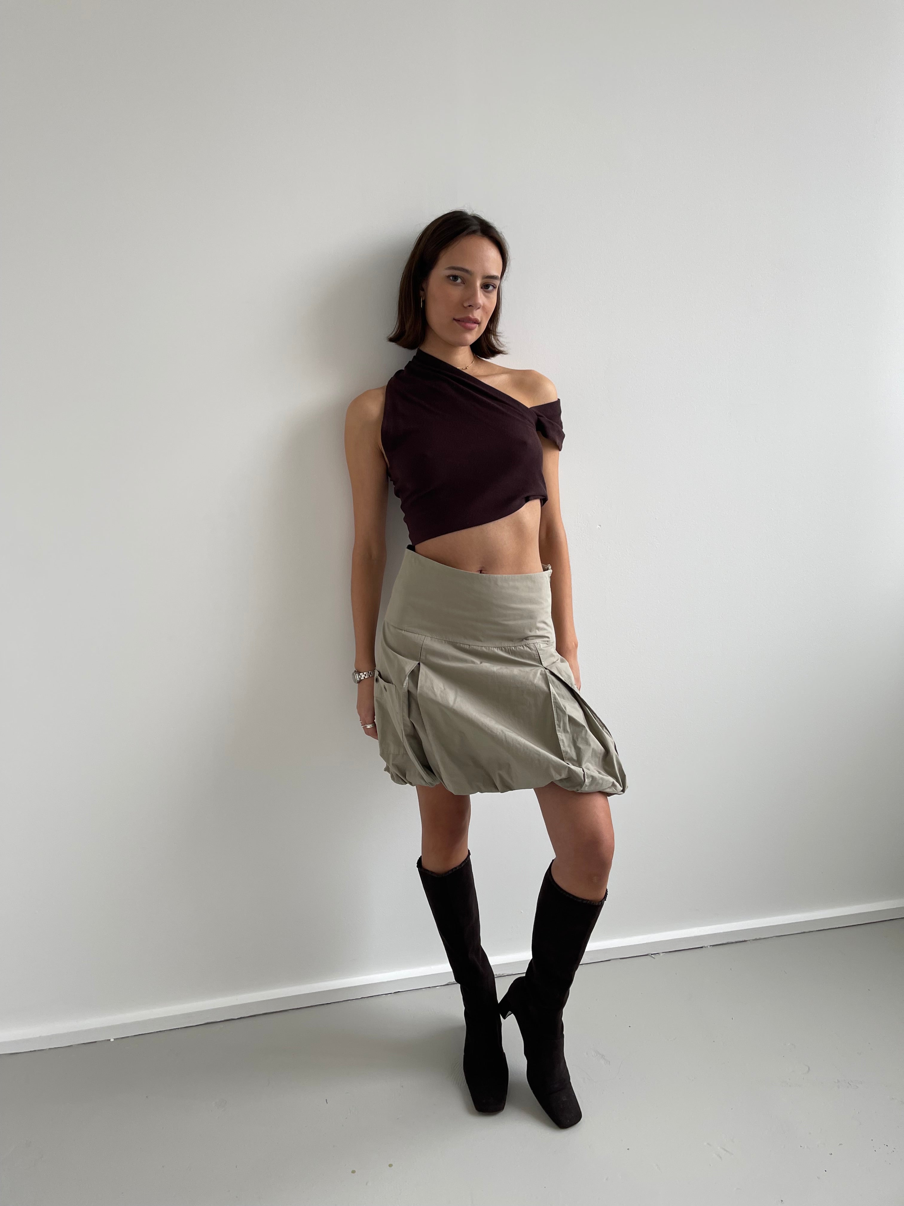 Brown cropped asymetric top