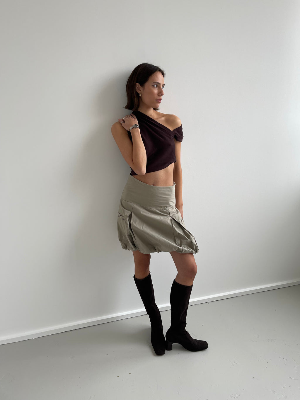 Brown cropped asymetric top