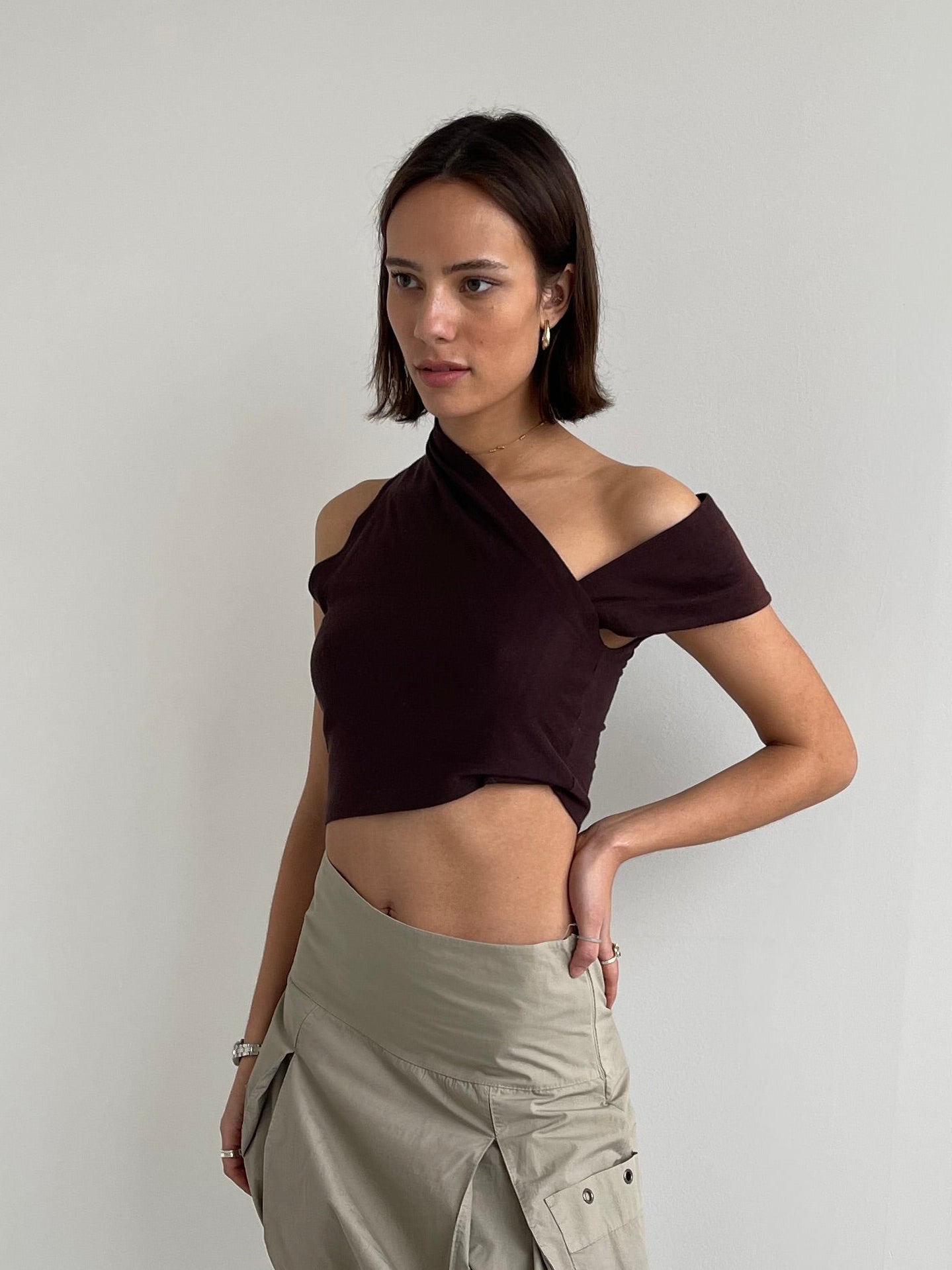 Brown cropped asymetric top