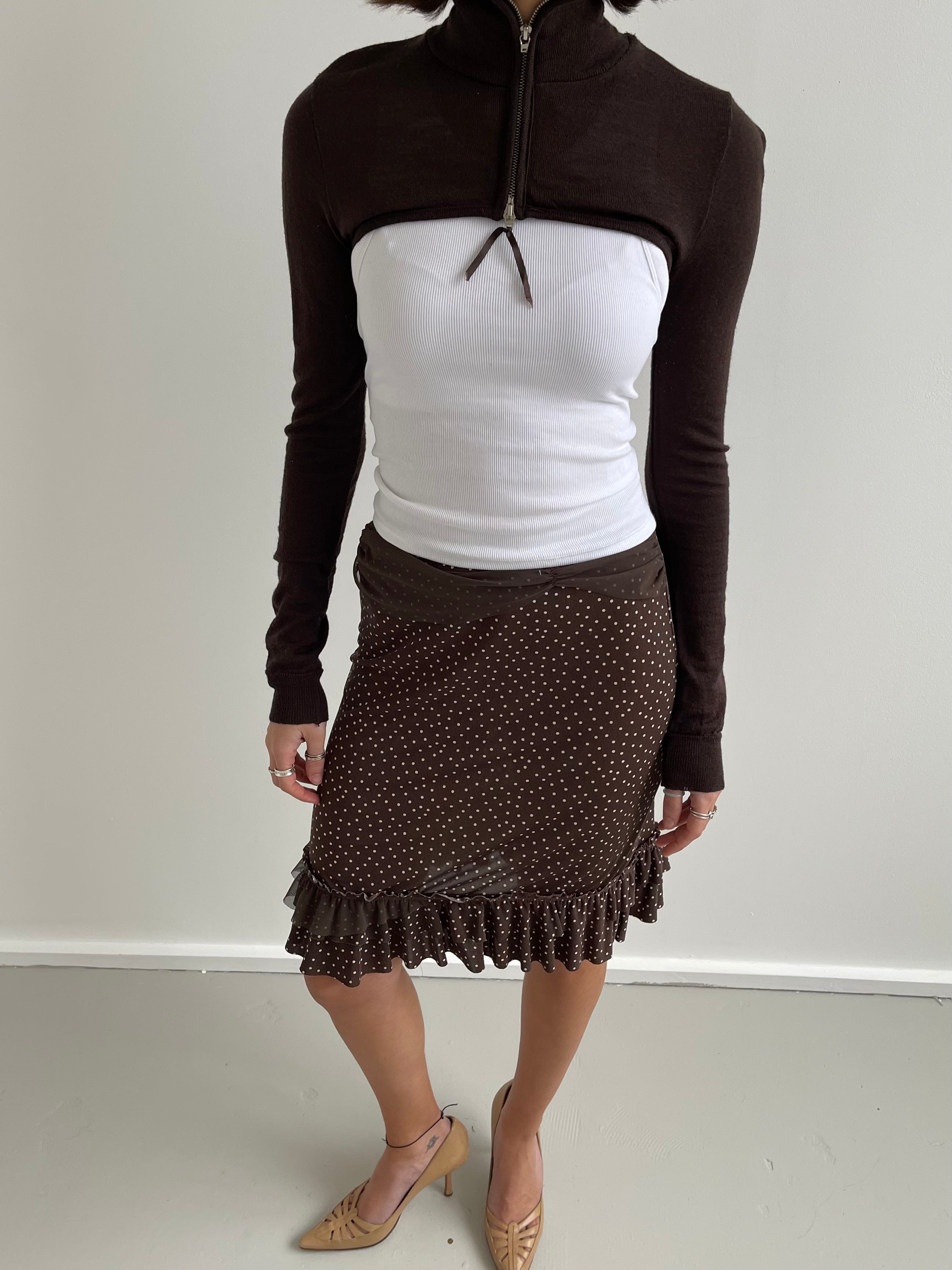 Brown cropped zip up turtle neck cardigan
