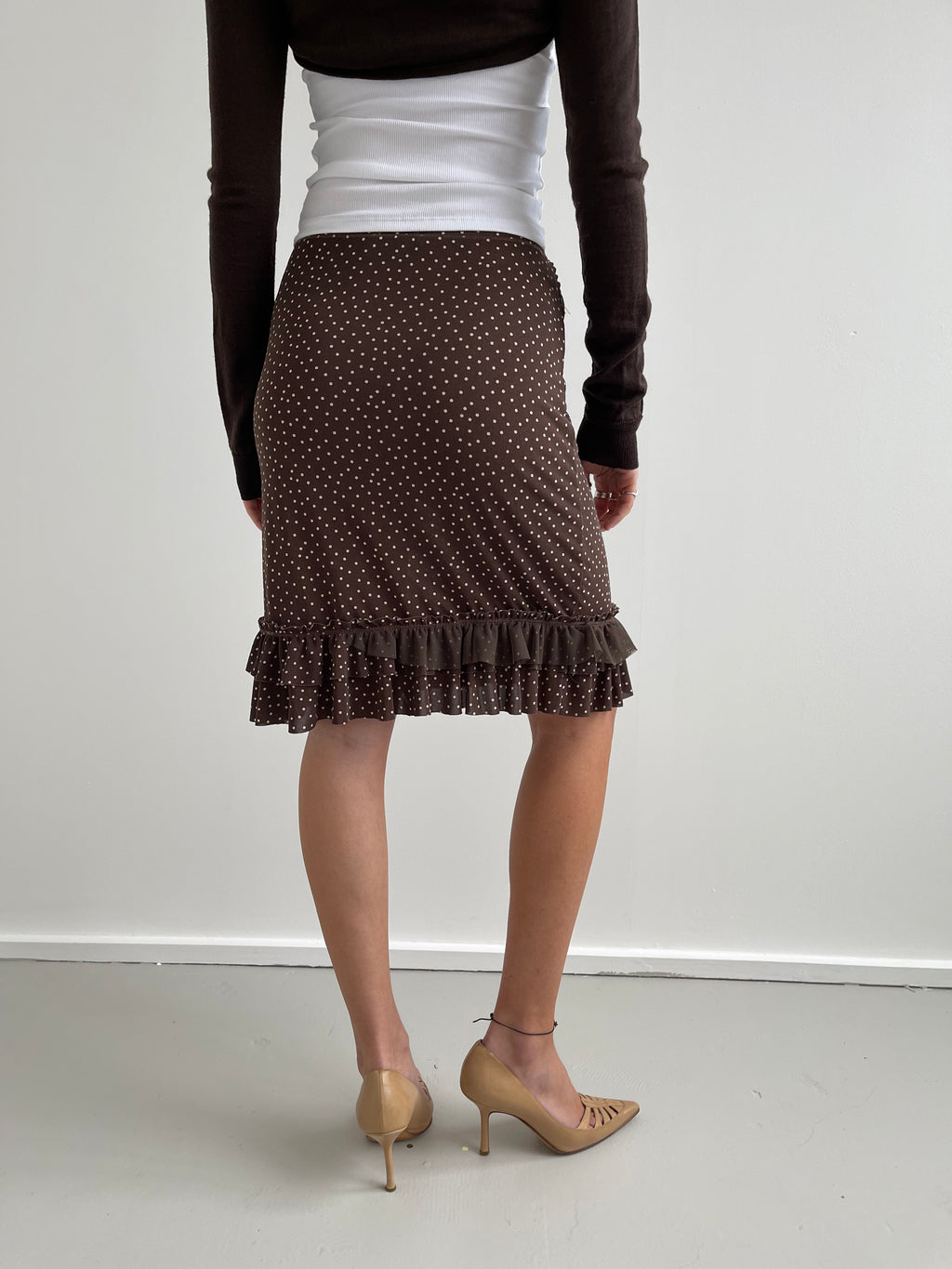 Liu Jo brown knee length skirt with cream polka dots