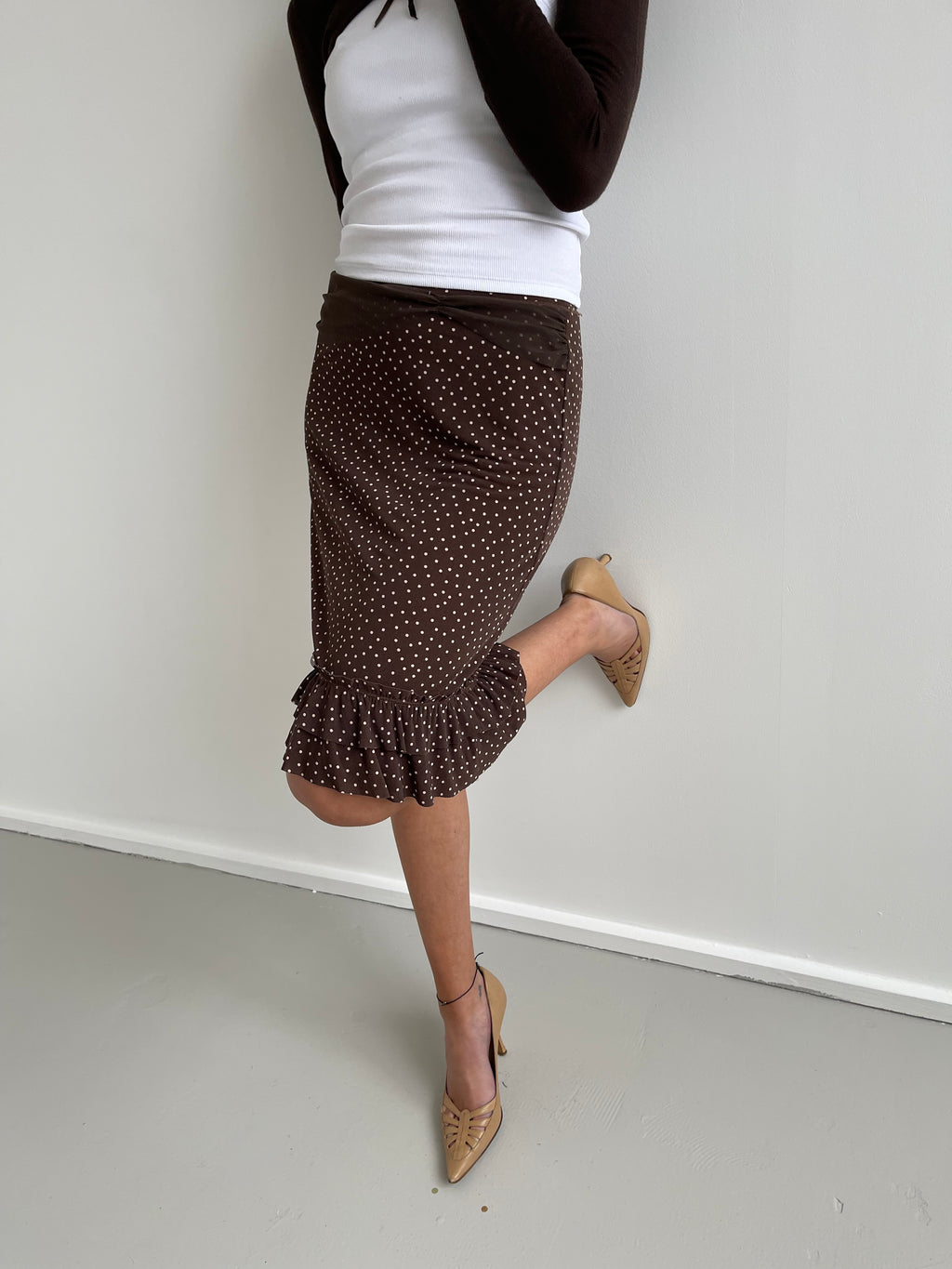 Liu Jo brown knee length skirt with cream polka dots