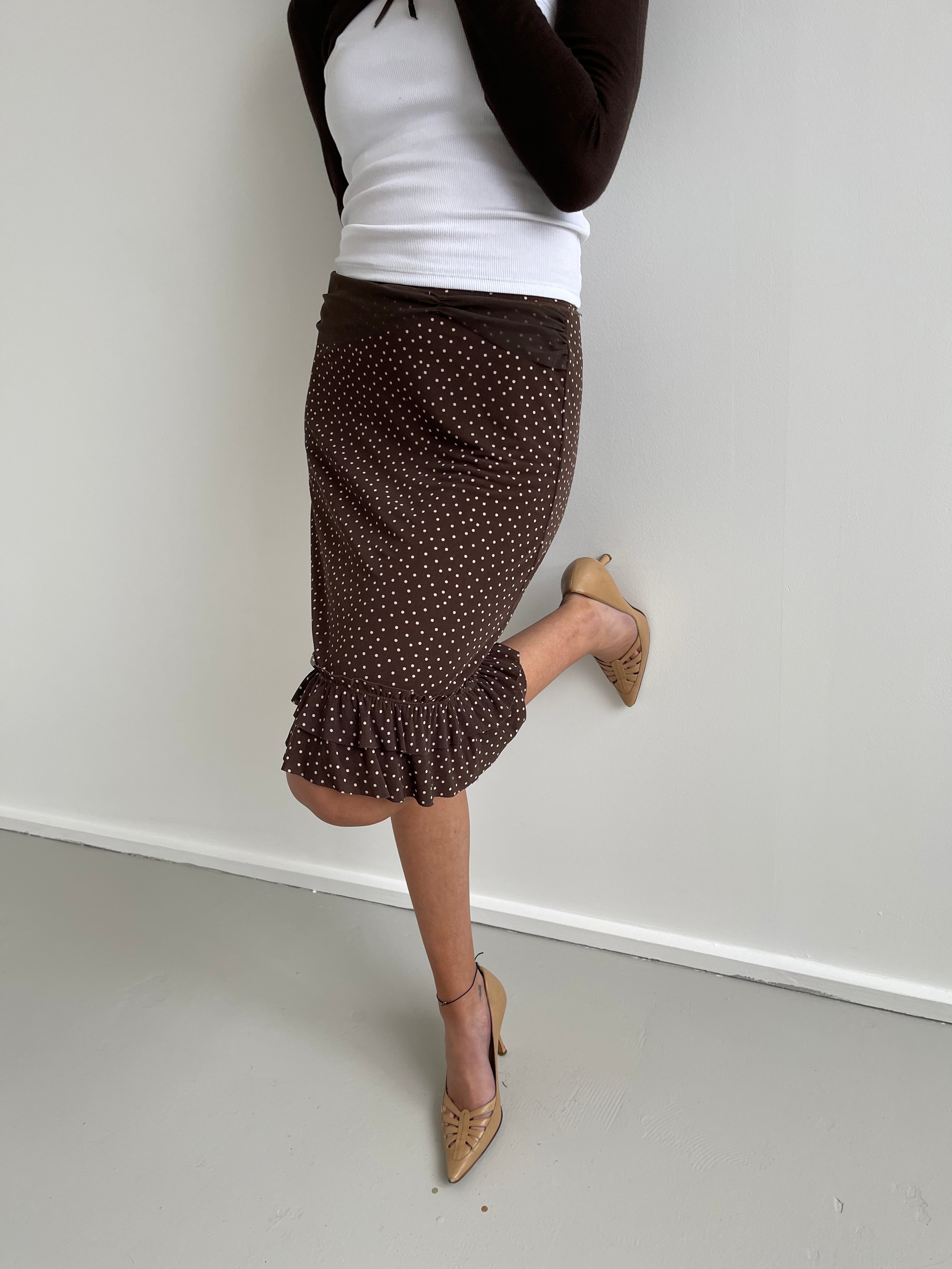 Liu Jo brown knee length skirt with cream polka dots