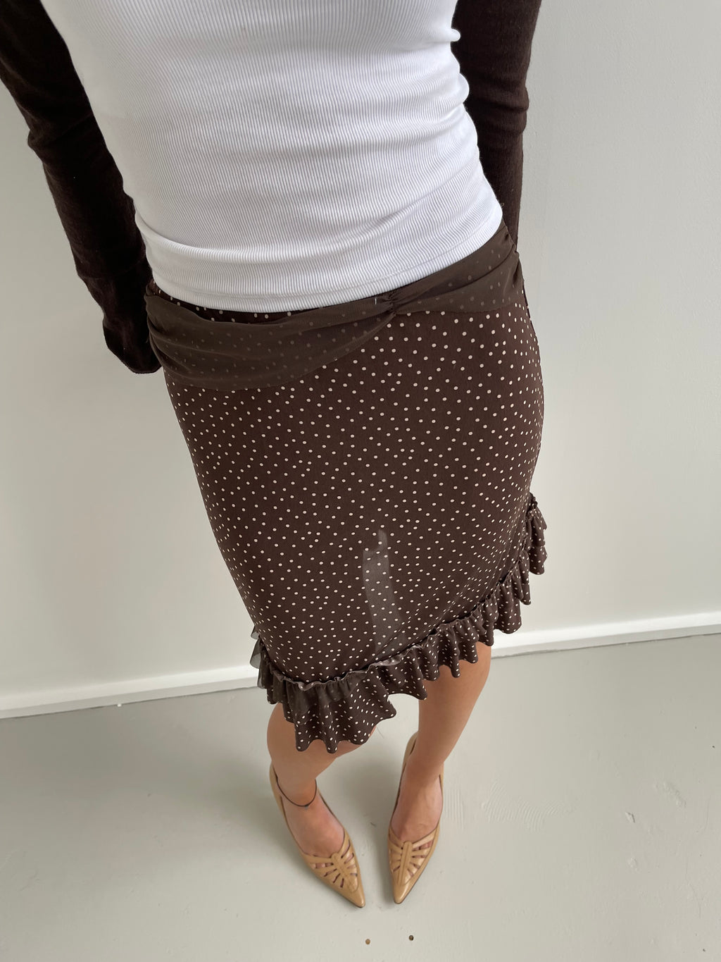 Liu Jo brown knee length skirt with cream polka dots