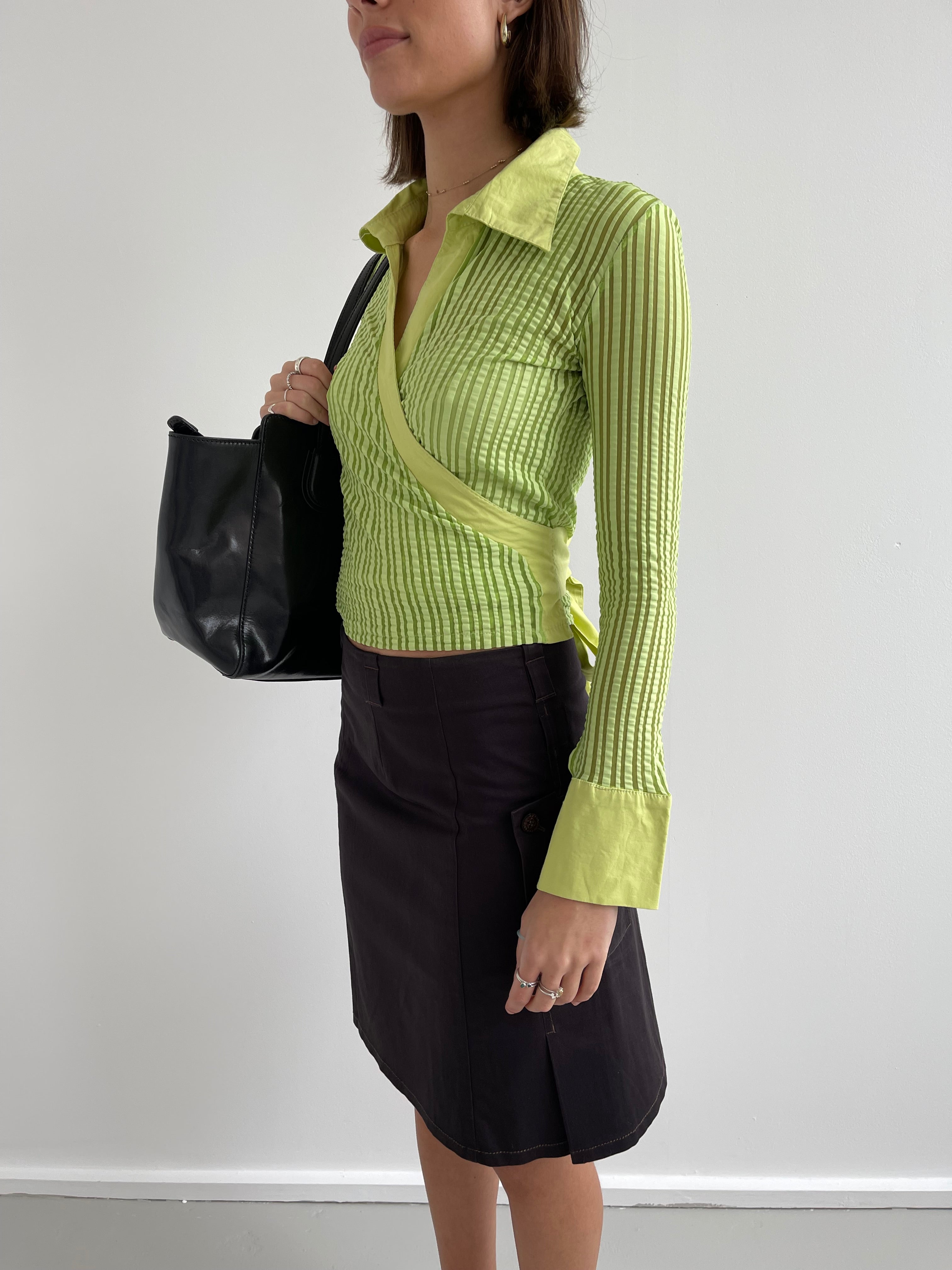 Green striped semi sheer wrap around shirt