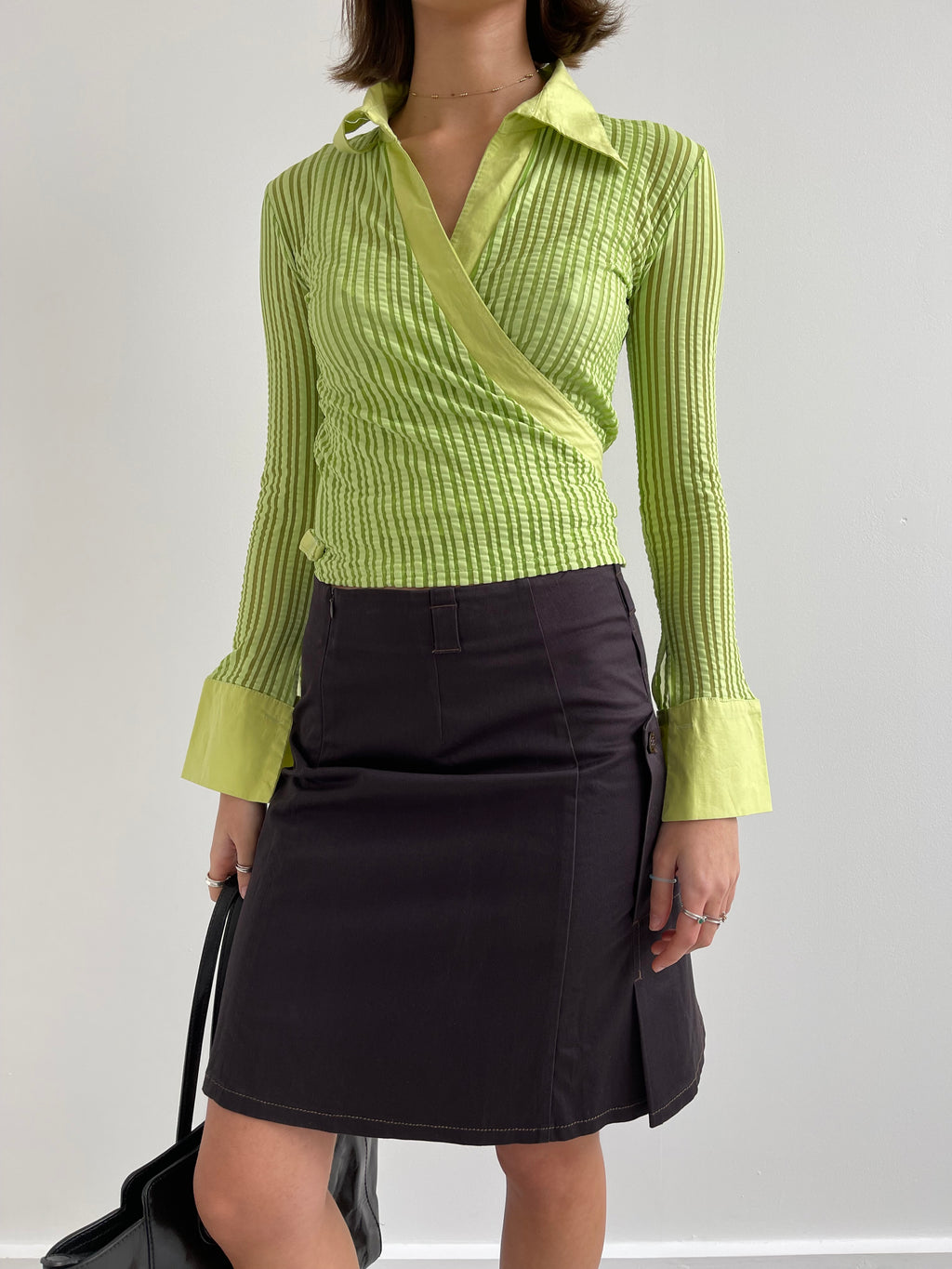 Green striped semi sheer wrap around shirt