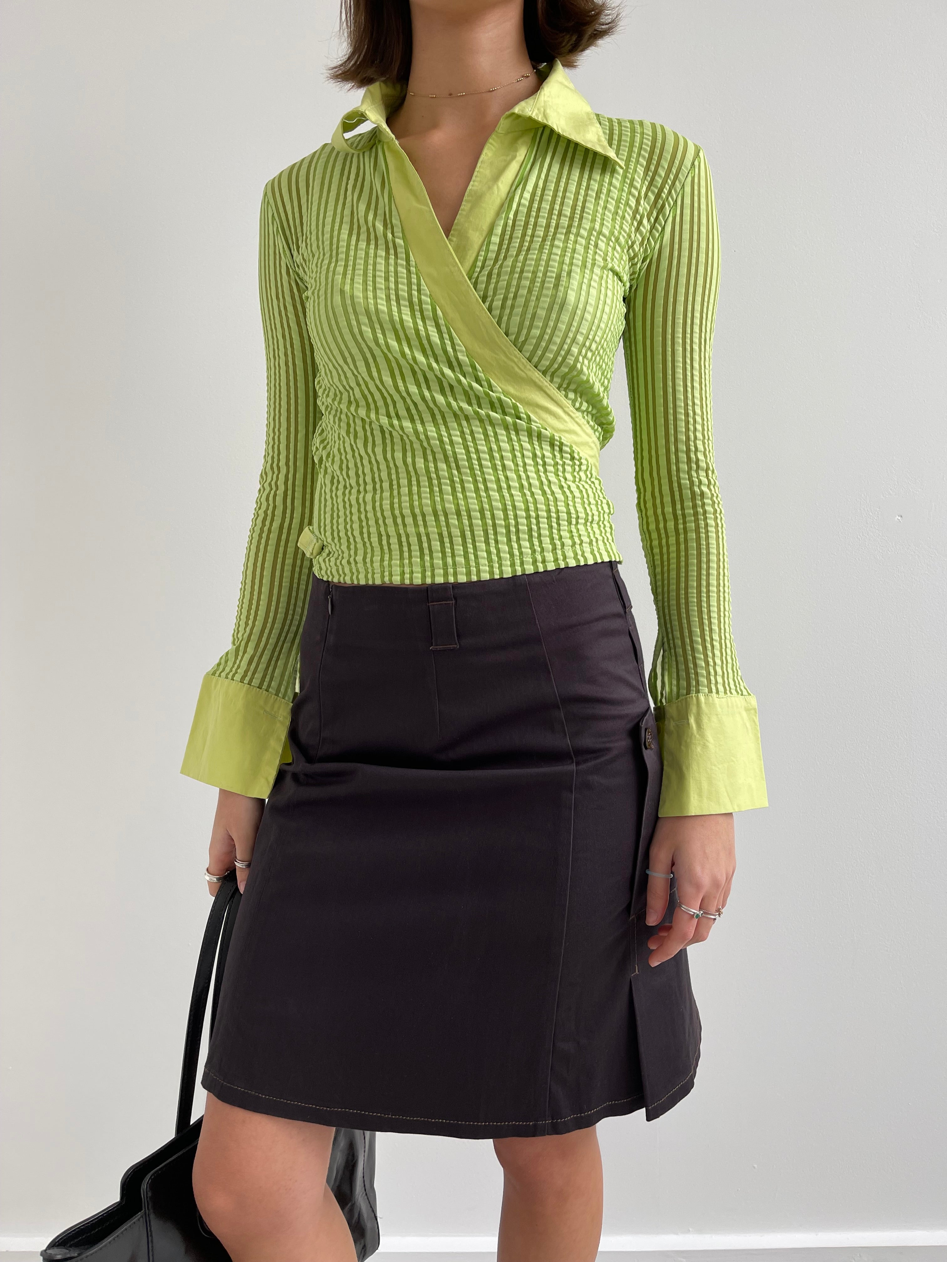 Green striped semi sheer wrap around shirt