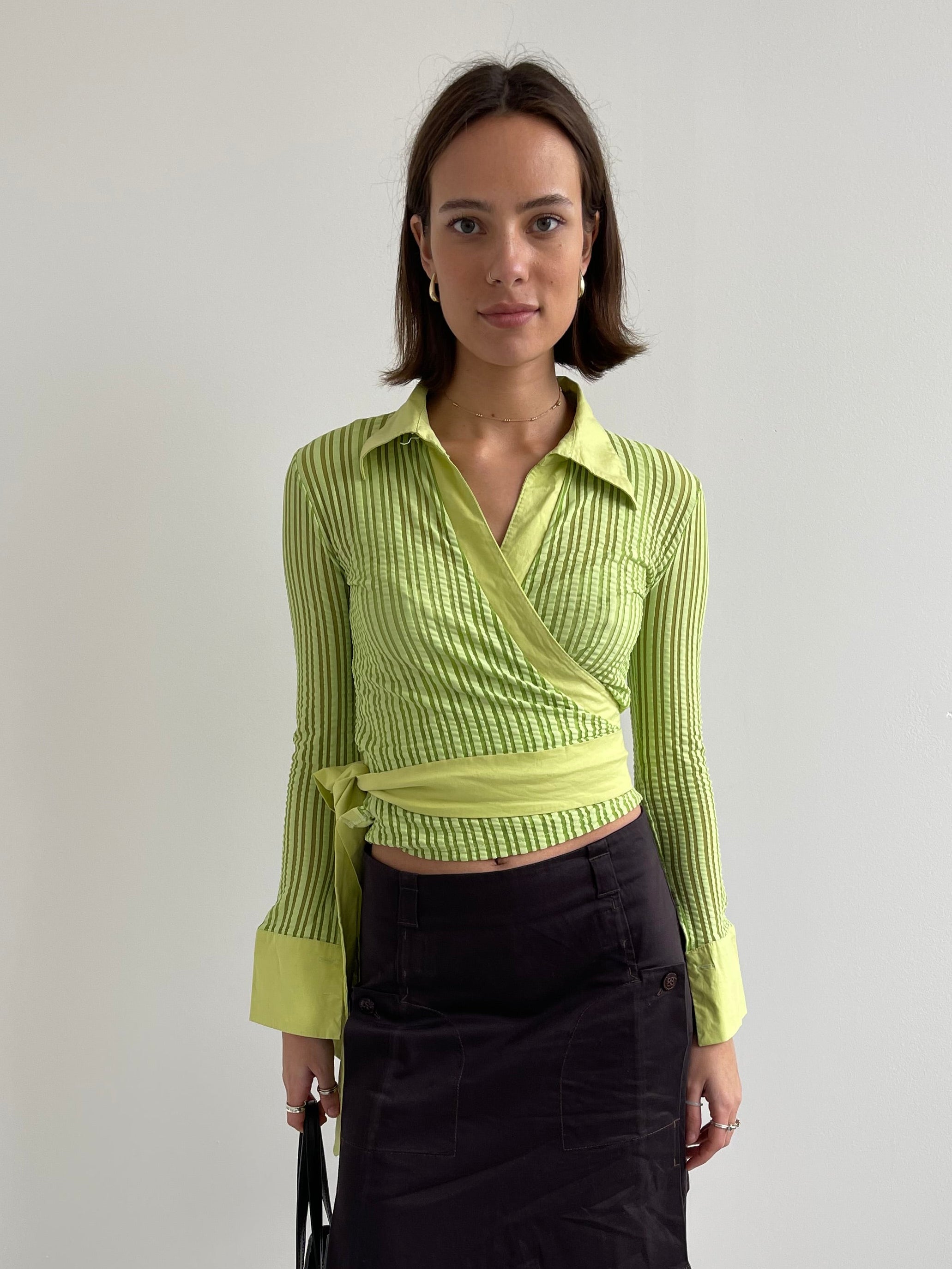 Green striped semi sheer wrap around shirt
