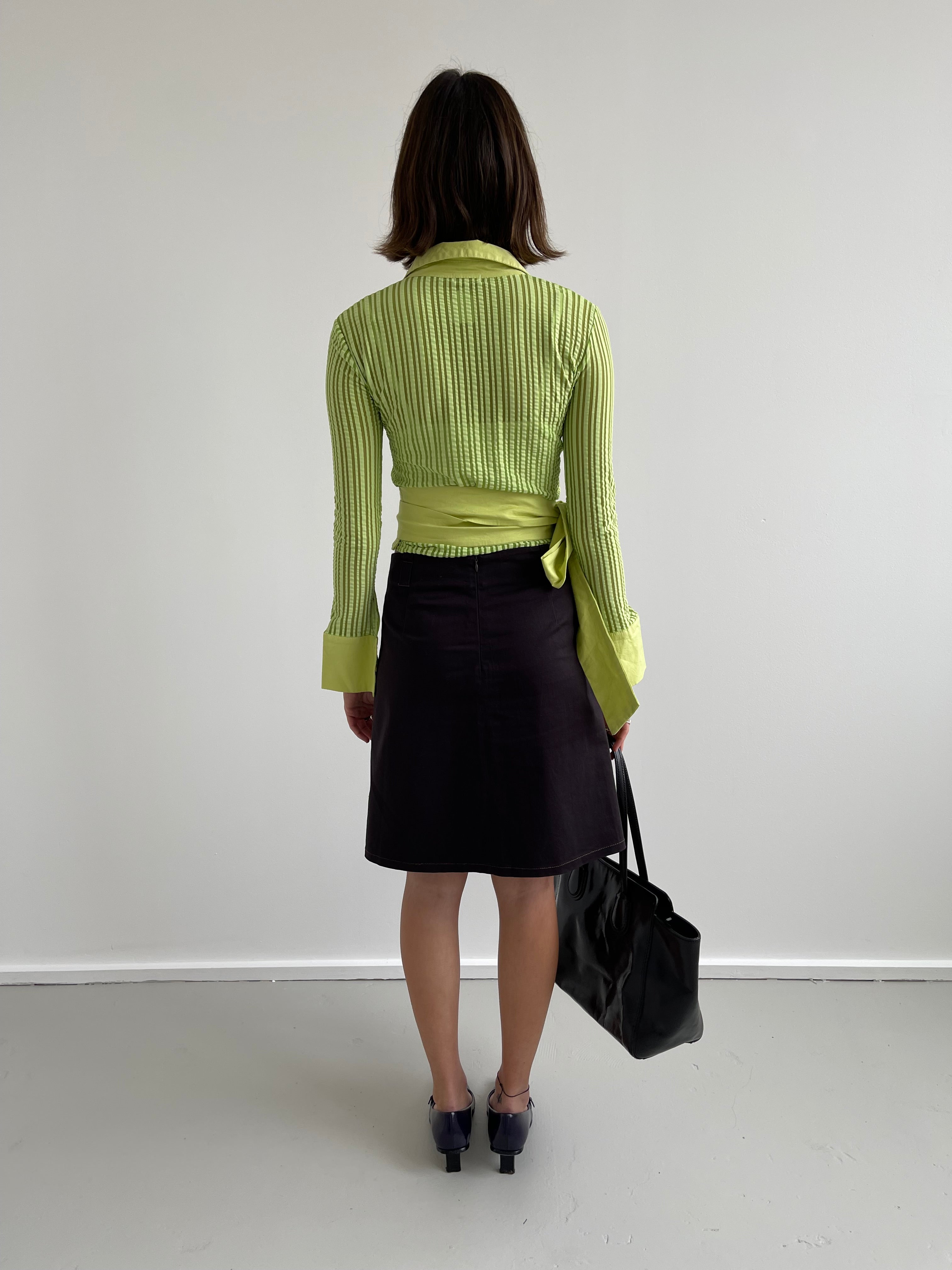 Green striped semi sheer wrap around shirt