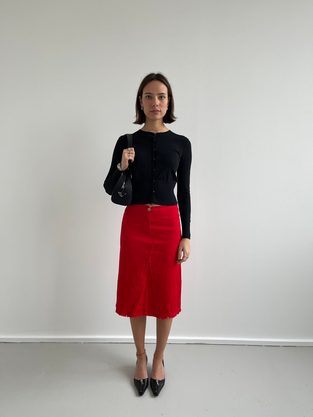 Denim look red pencil skirt