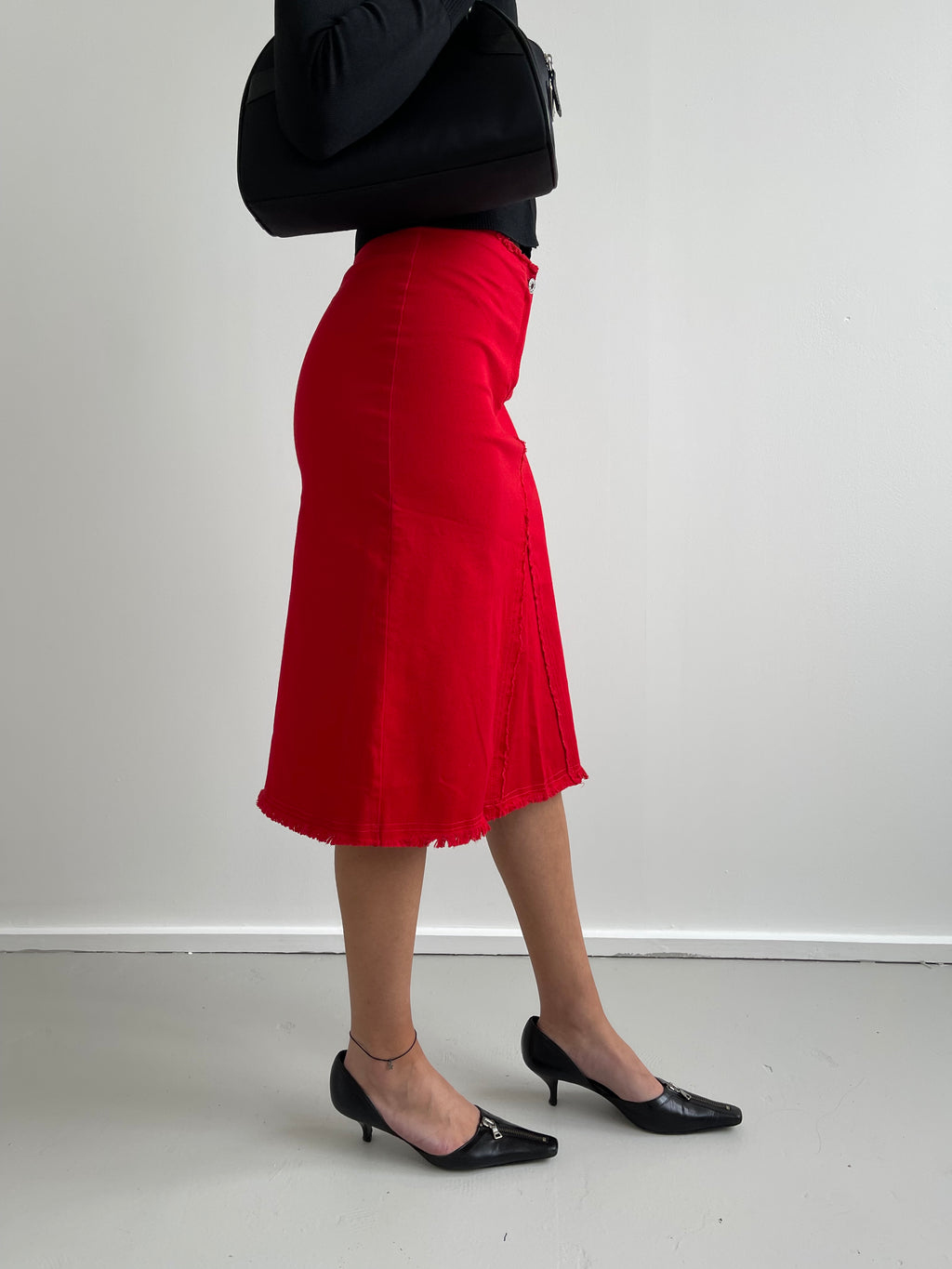 Denim look red pencil skirt