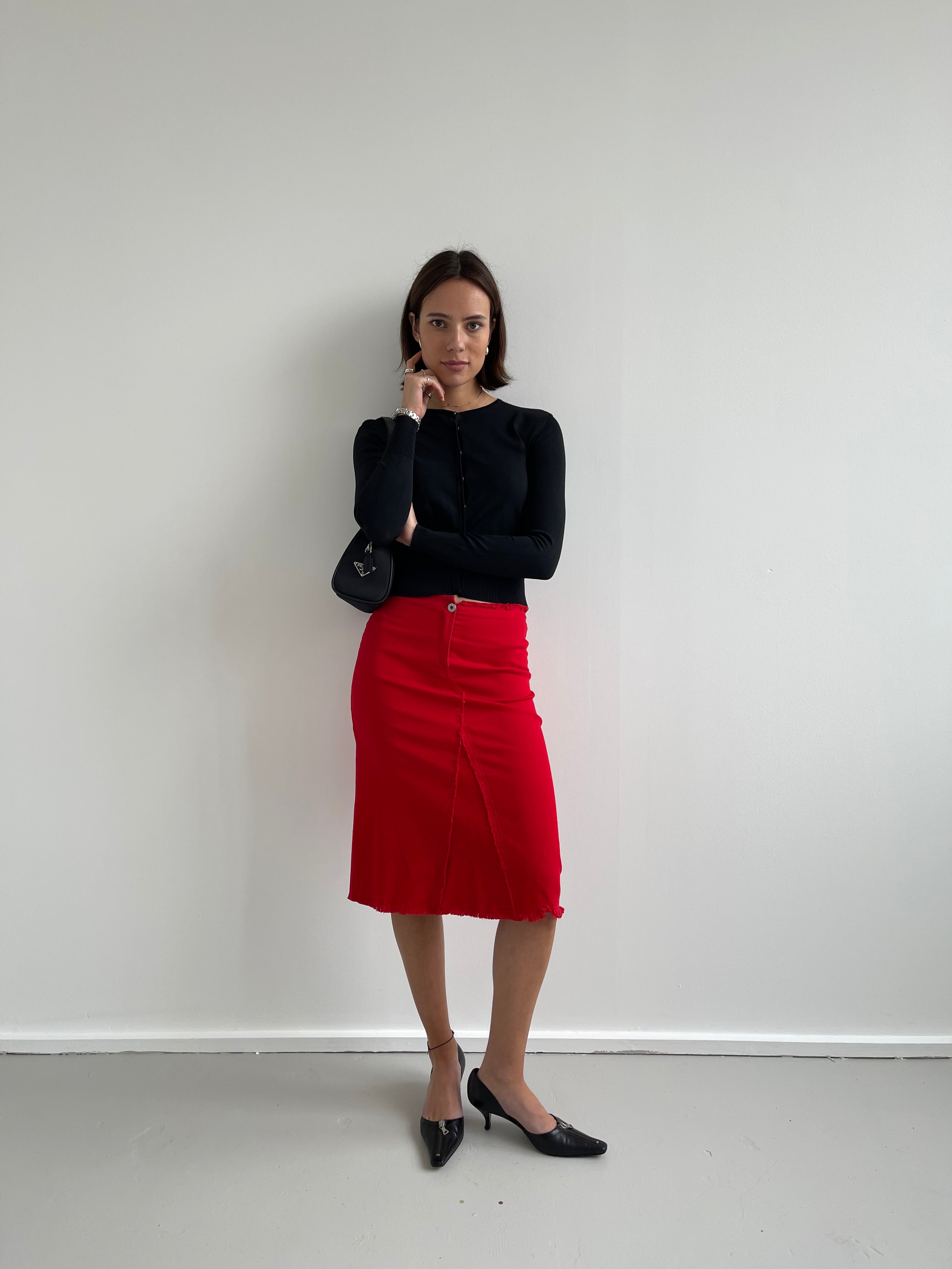 Denim look red pencil skirt