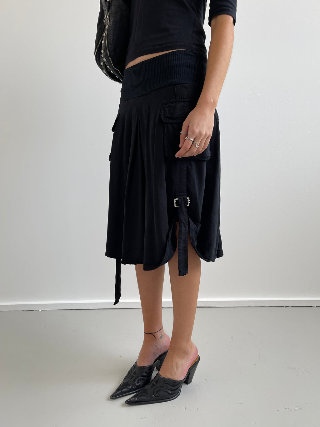 Black cargo midi skirt