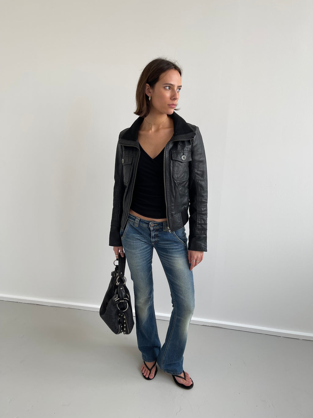 ONLY black leather bomber jacket