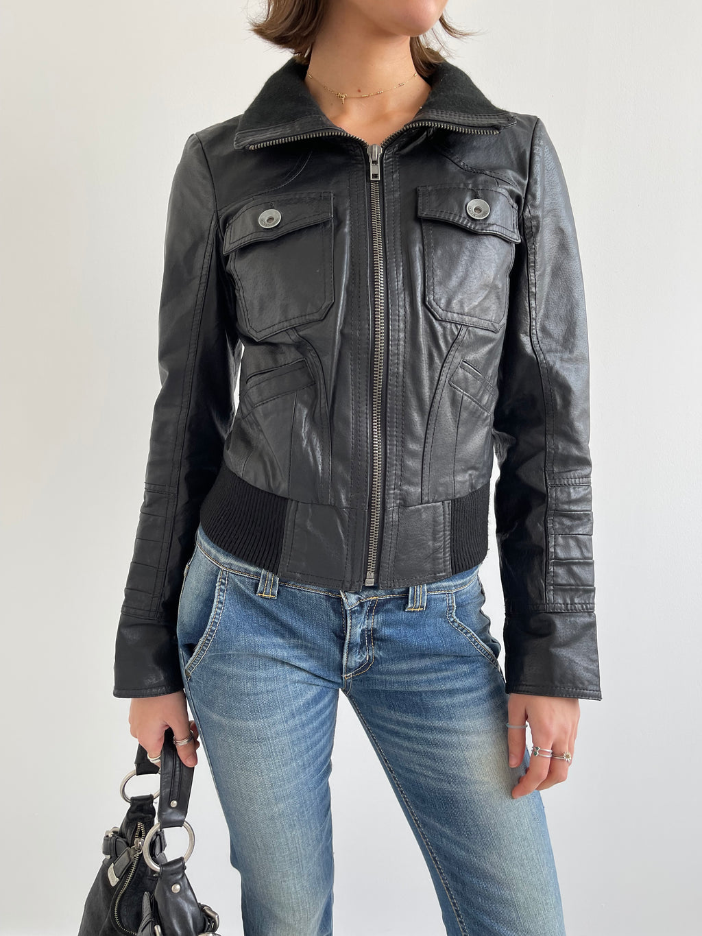 ONLY black leather bomber jacket