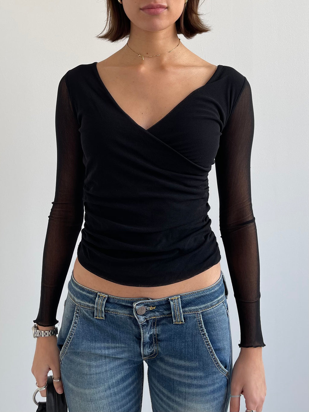 Black mesh long sleeve top