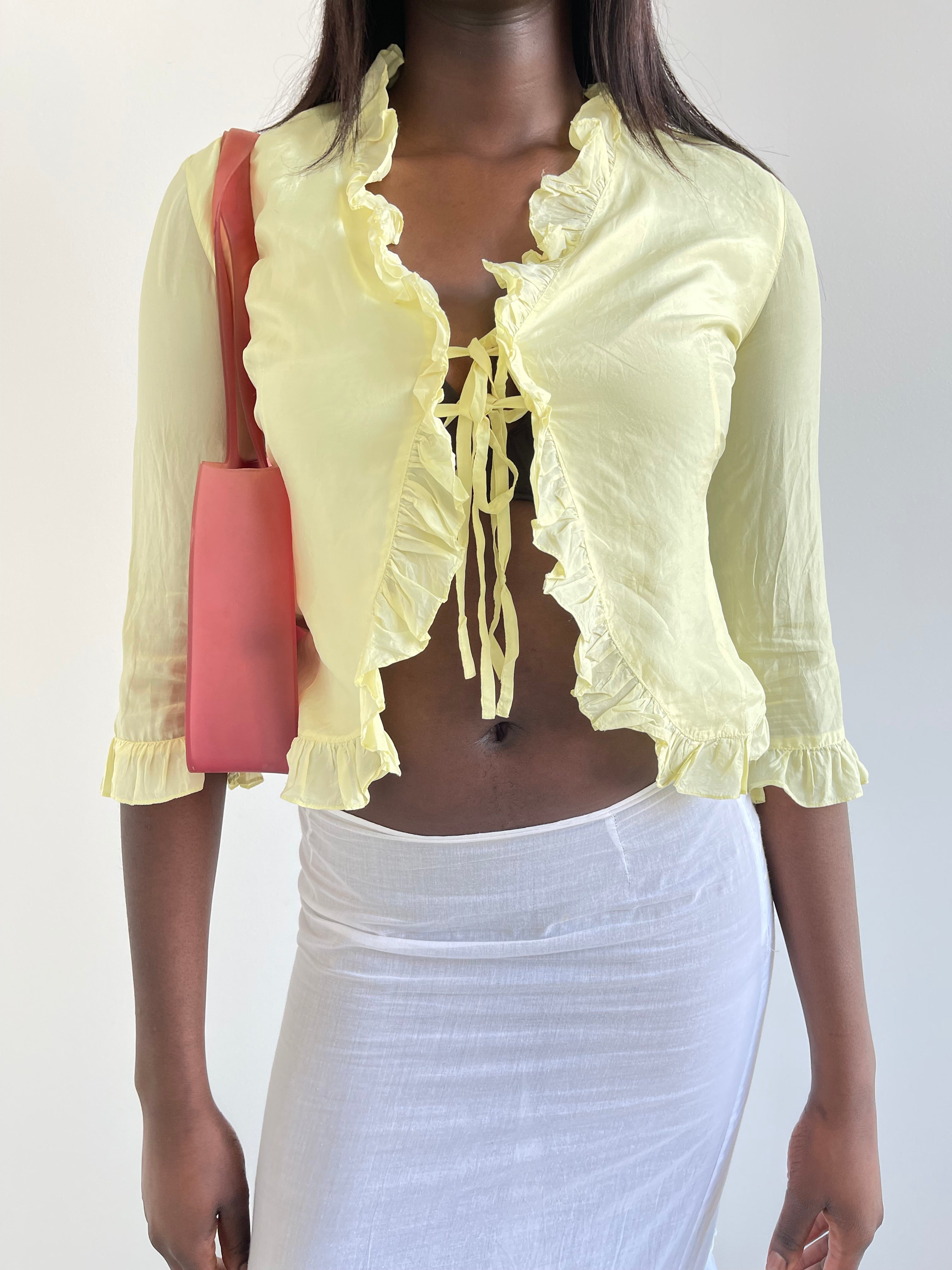 Sisley 100% silk pastel yellow front tie blouse