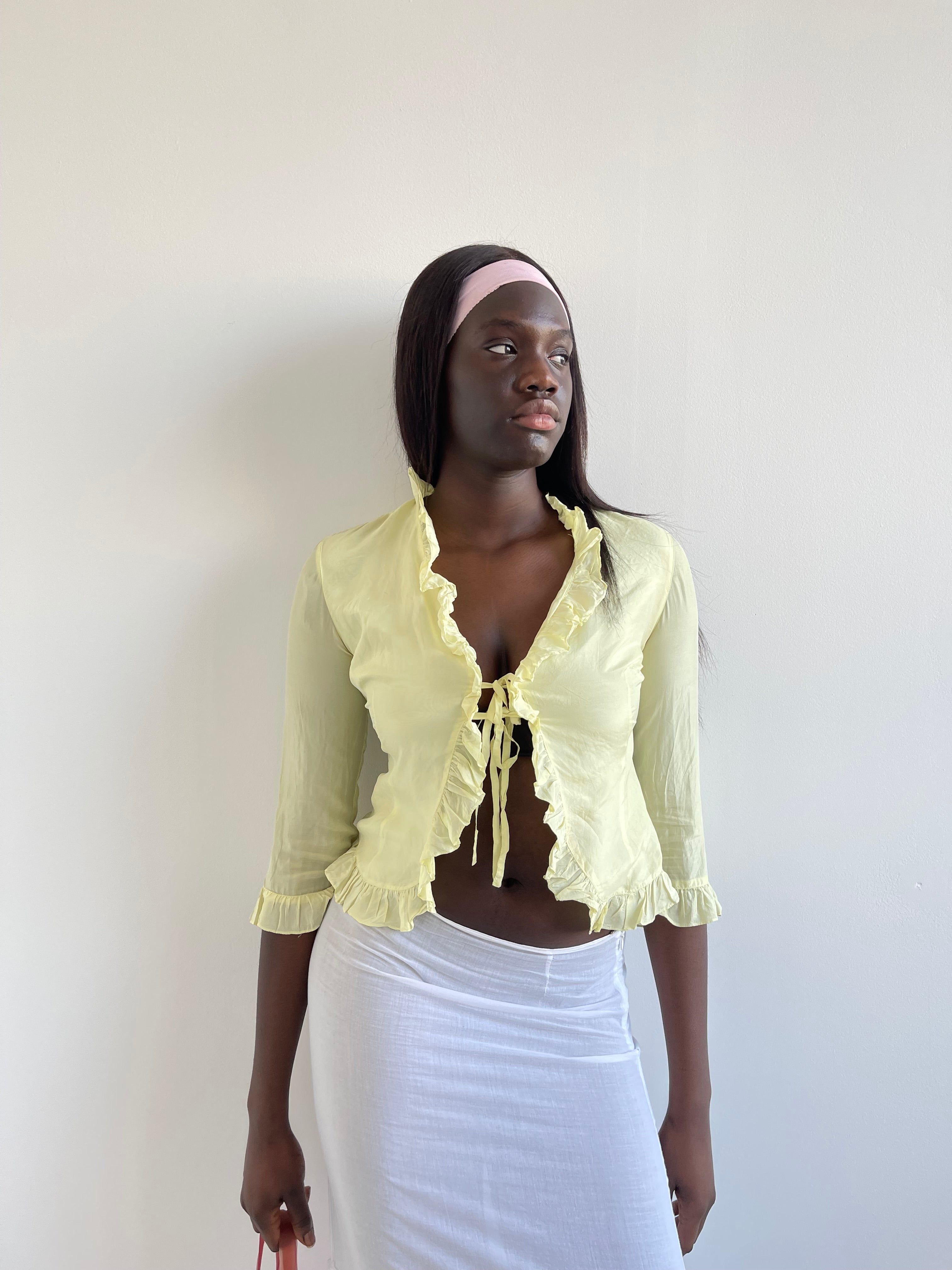 Sisley 100% silk pastel yellow front tie blouse