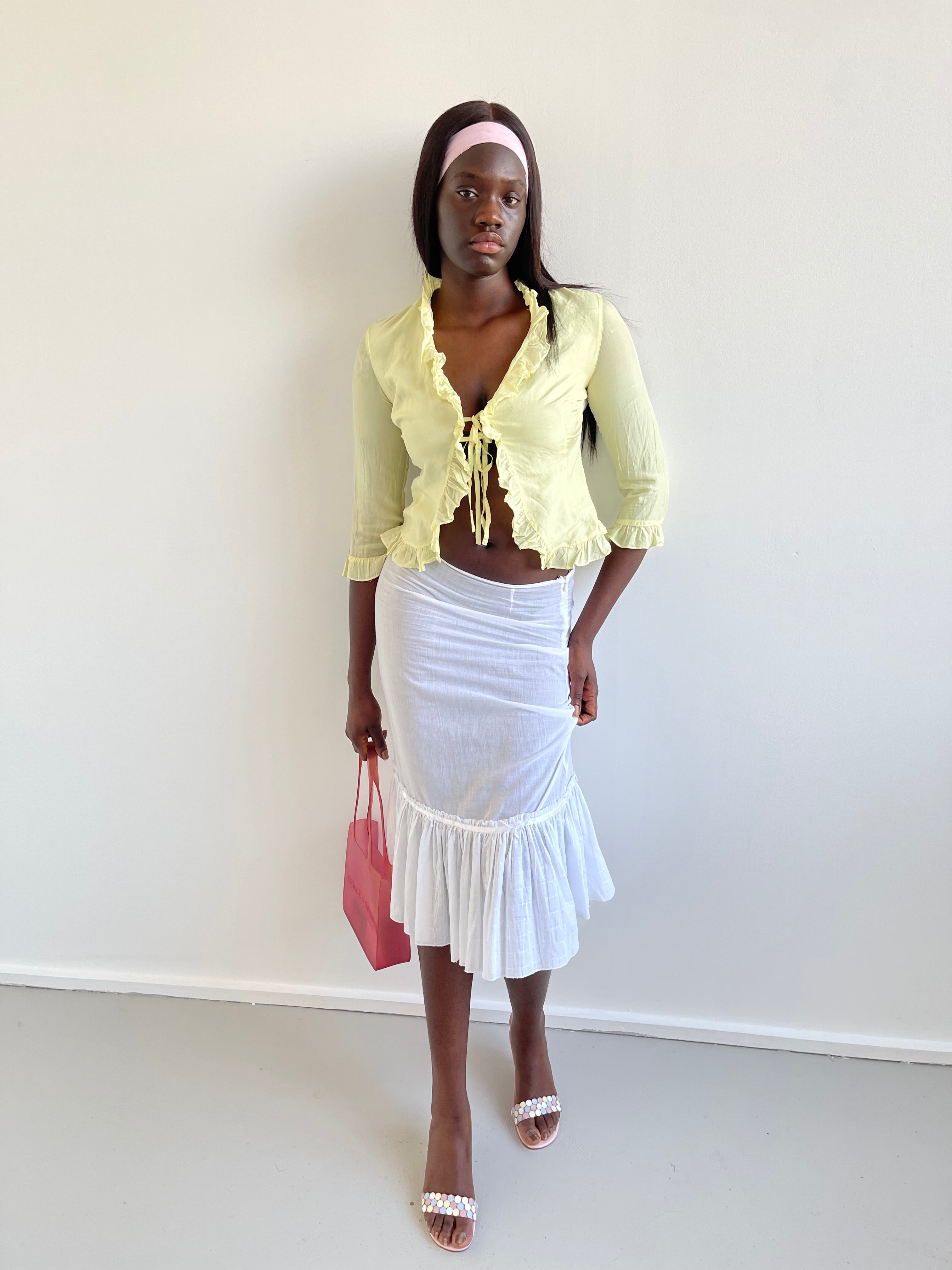 Sisley 100% silk pastel yellow front tie blouse