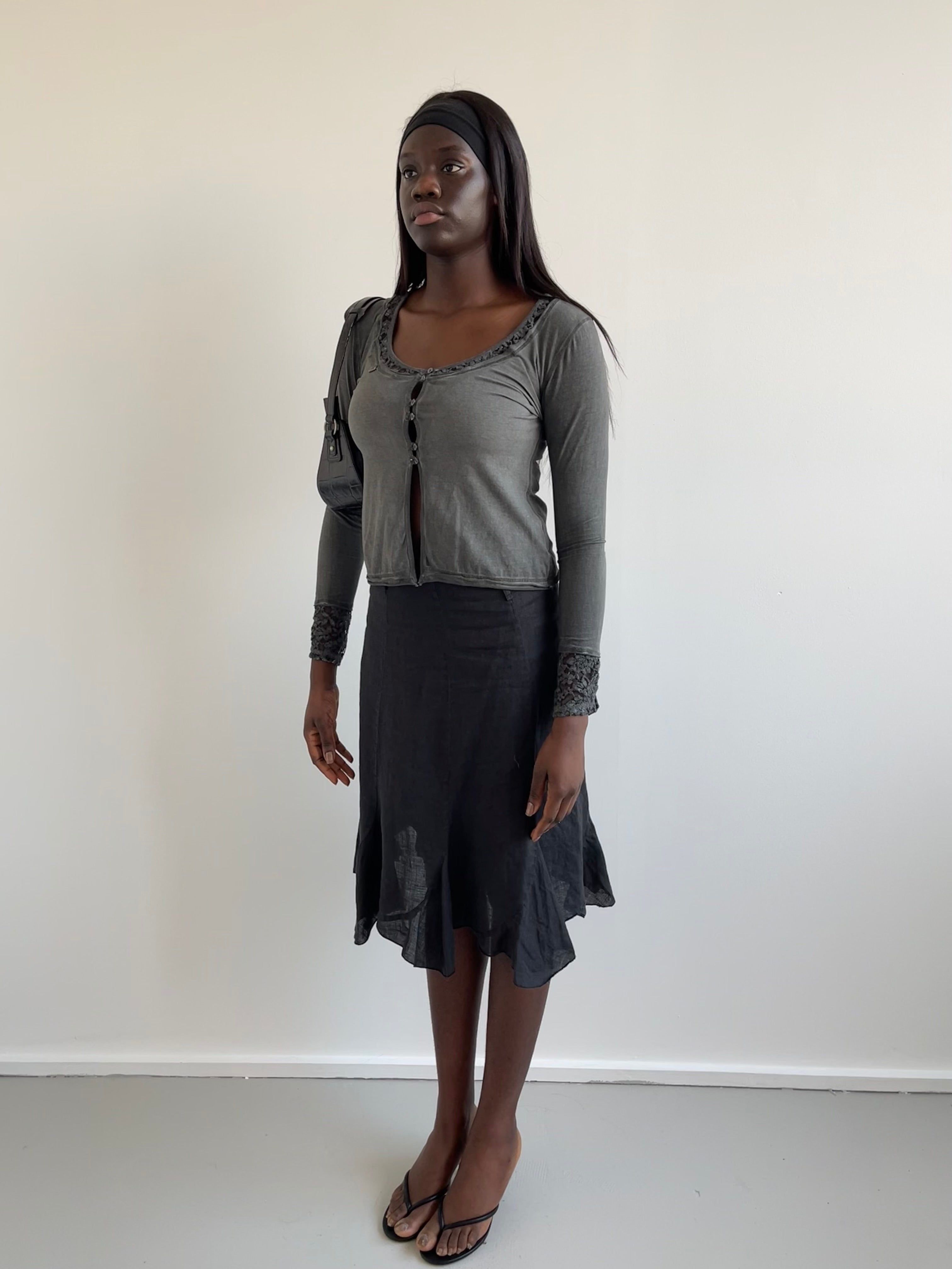 Grey wash button up top with lace detailing