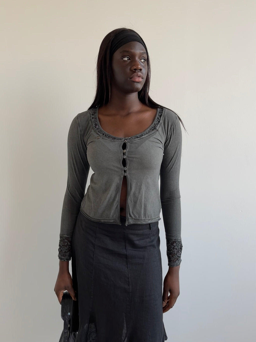 Grey wash button up top with lace detailing