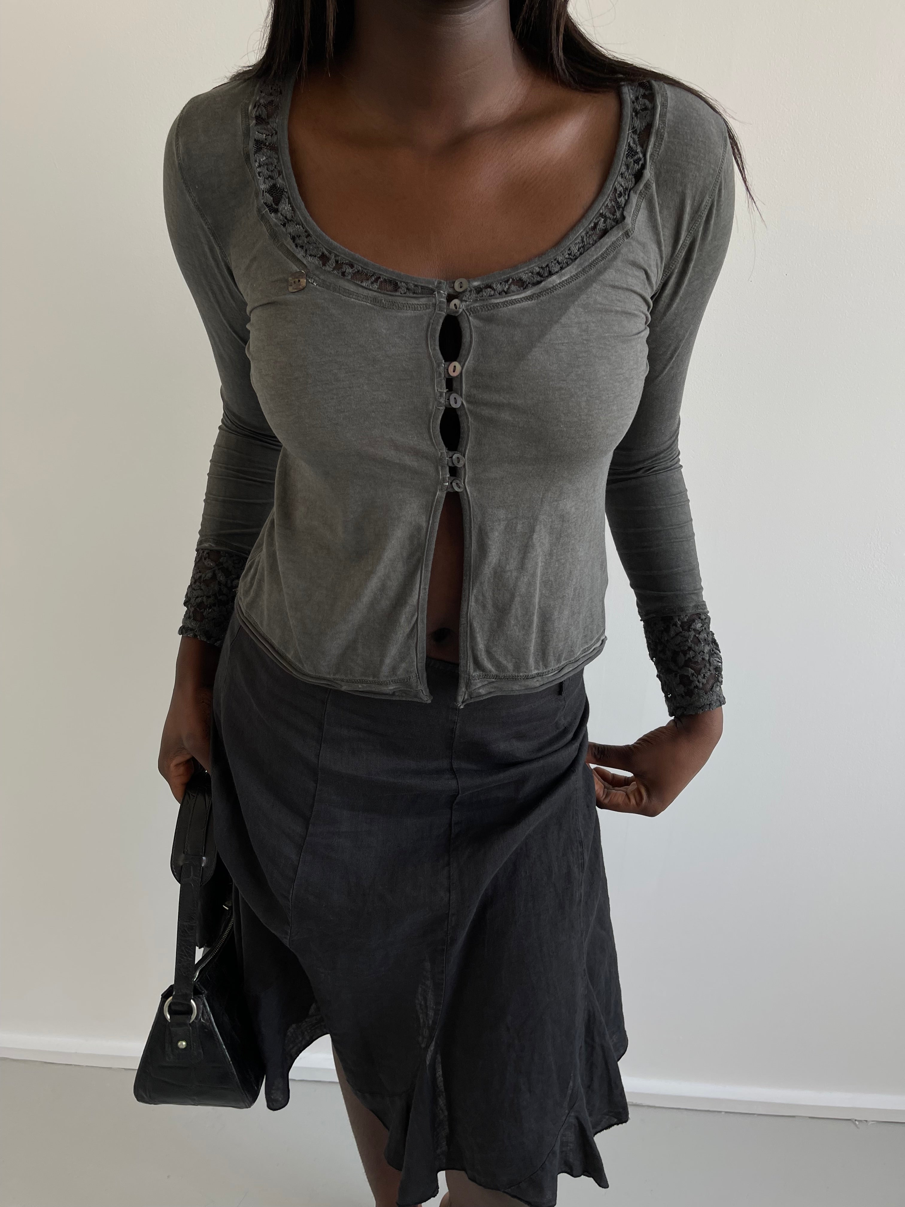 Grey wash button up top with lace detailing
