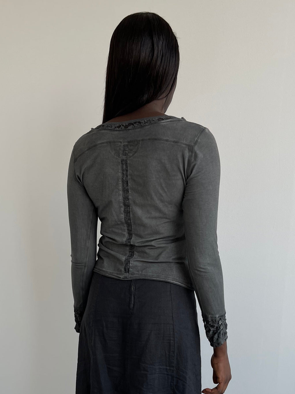 Grey wash button up top with lace detailing