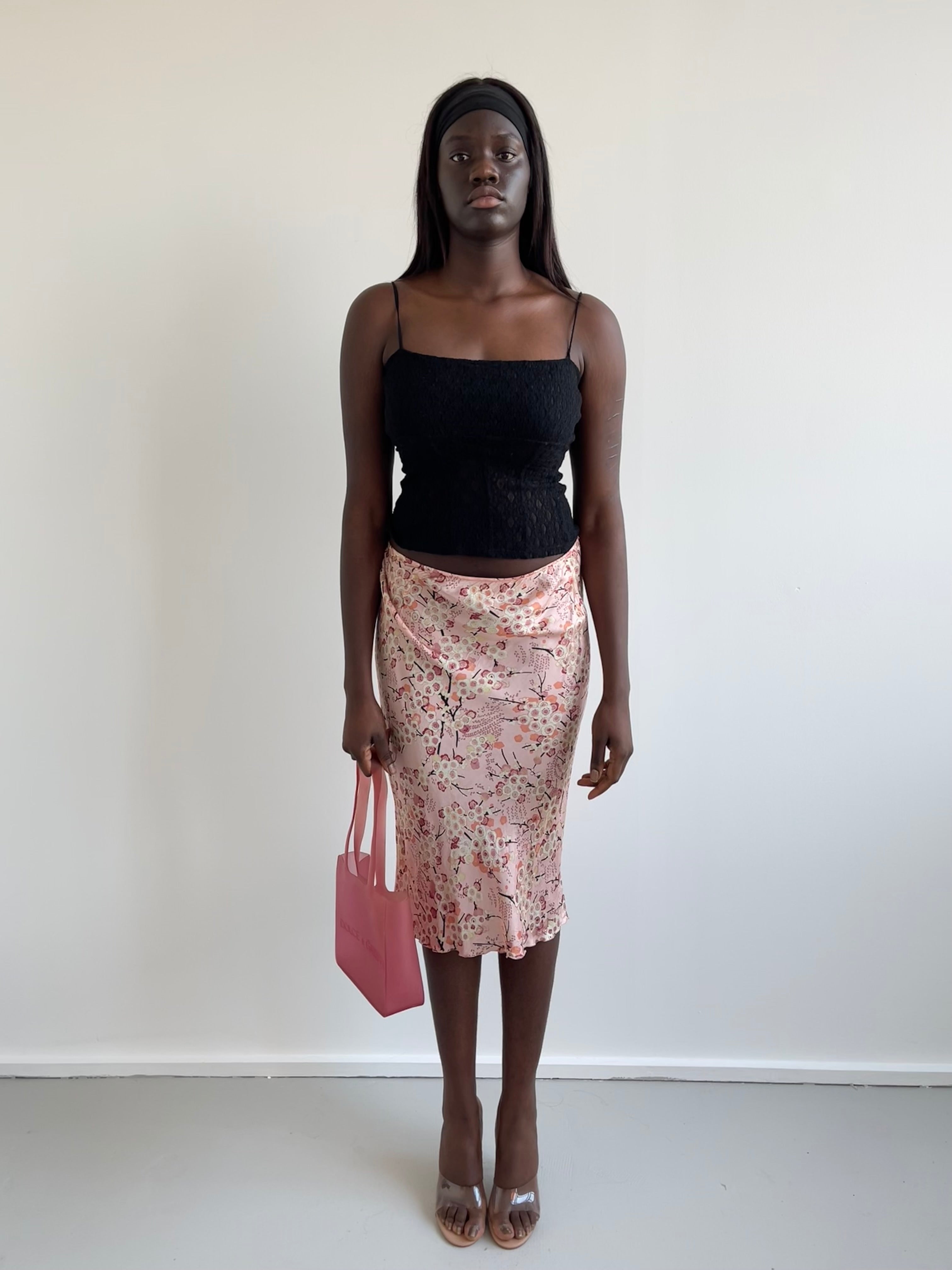 Deliaderrari pink blossom floral satin skirt