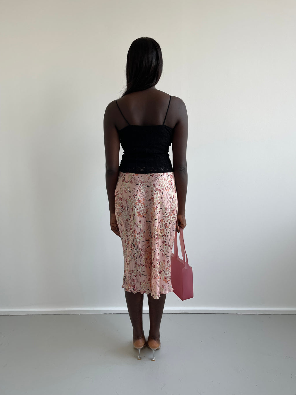 Deliaderrari pink blossom floral satin skirt