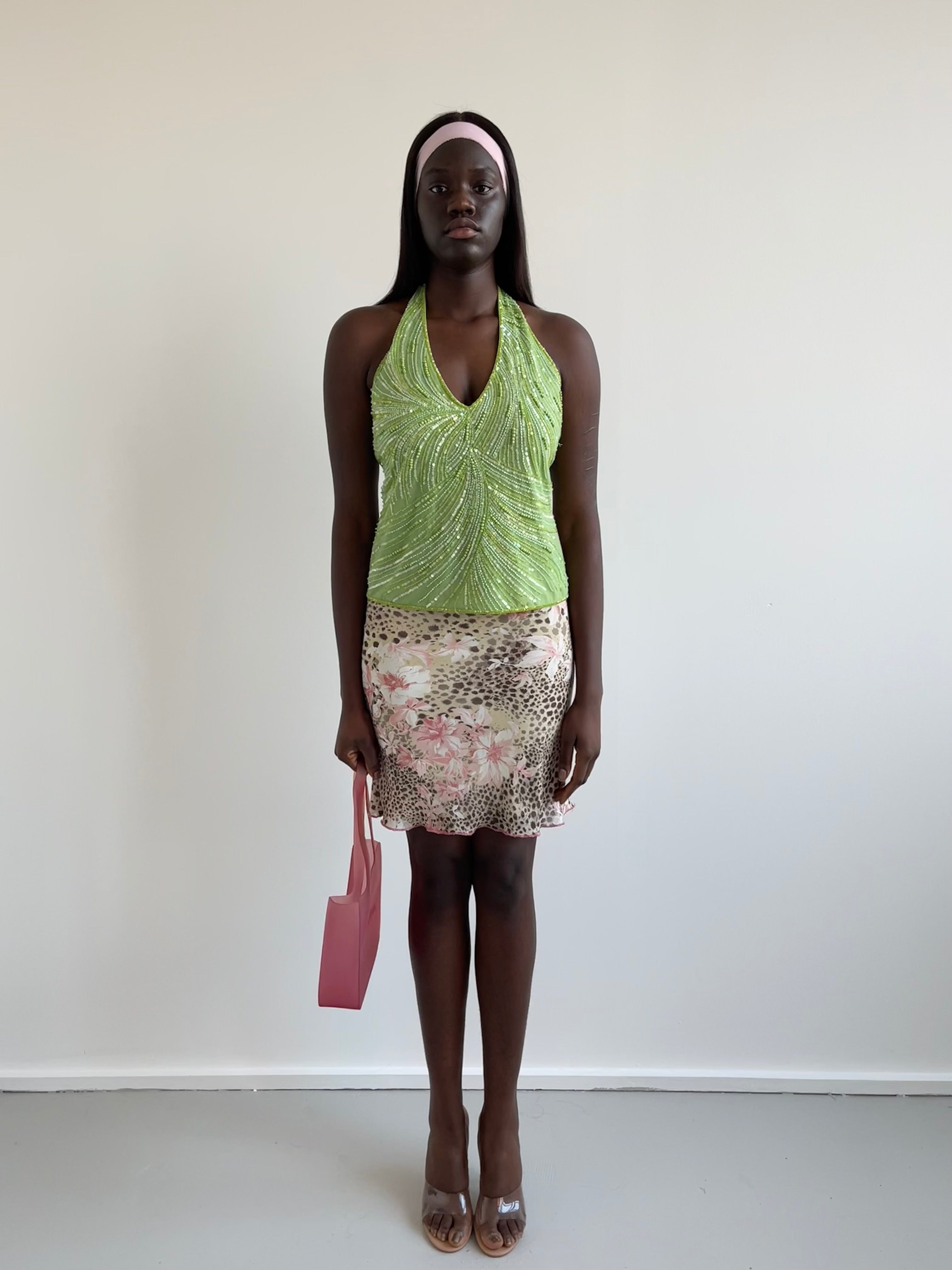 Green beaded halter neck top