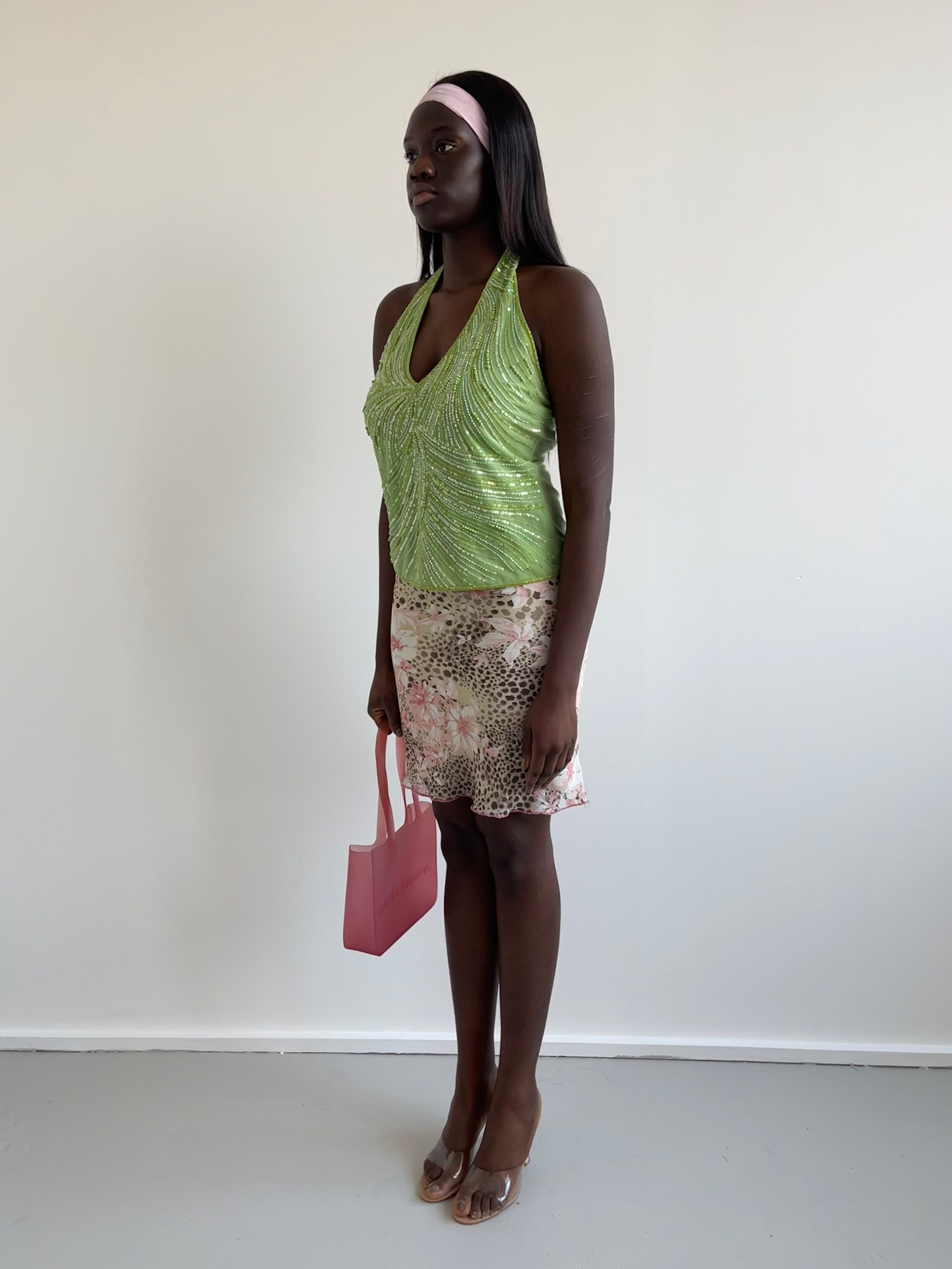 Green beaded halter neck top