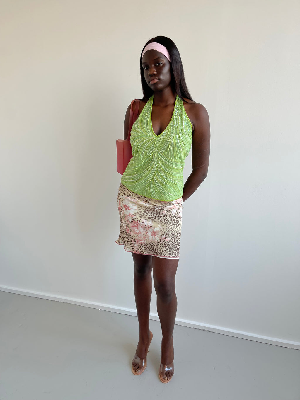 Green beaded halter neck top