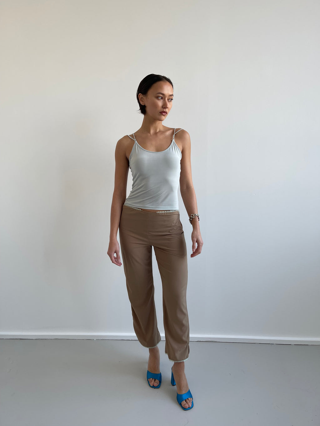 Blumarine cropped trousers with light teal lace trims