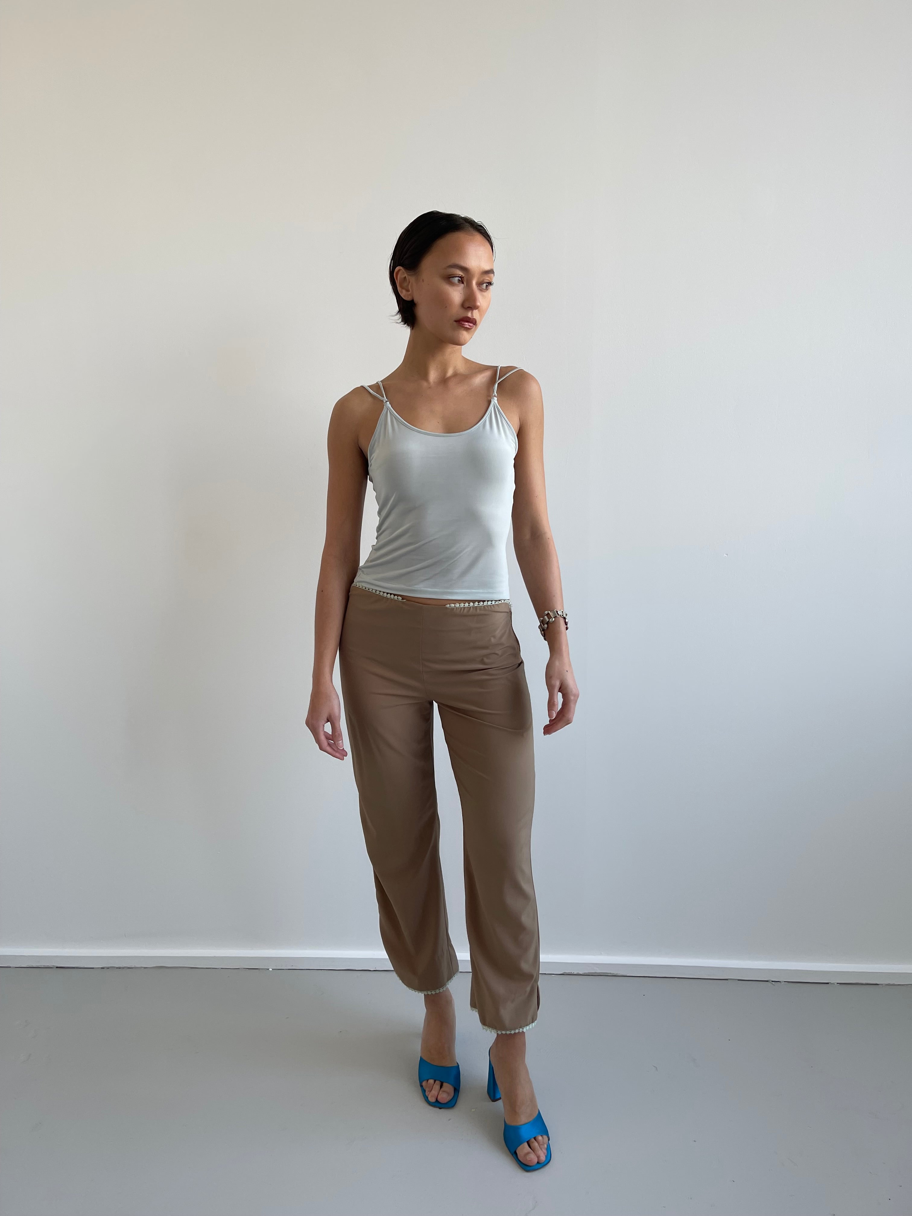 Blumarine cropped trousers with light teal lace trims