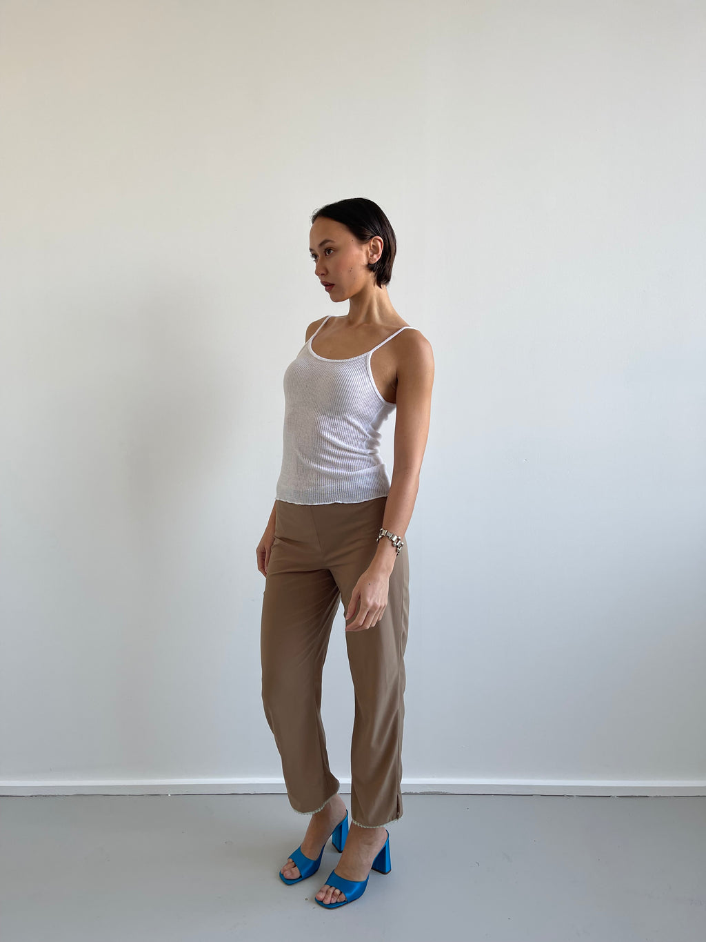 Blumarine cropped trousers with light teal lace trims