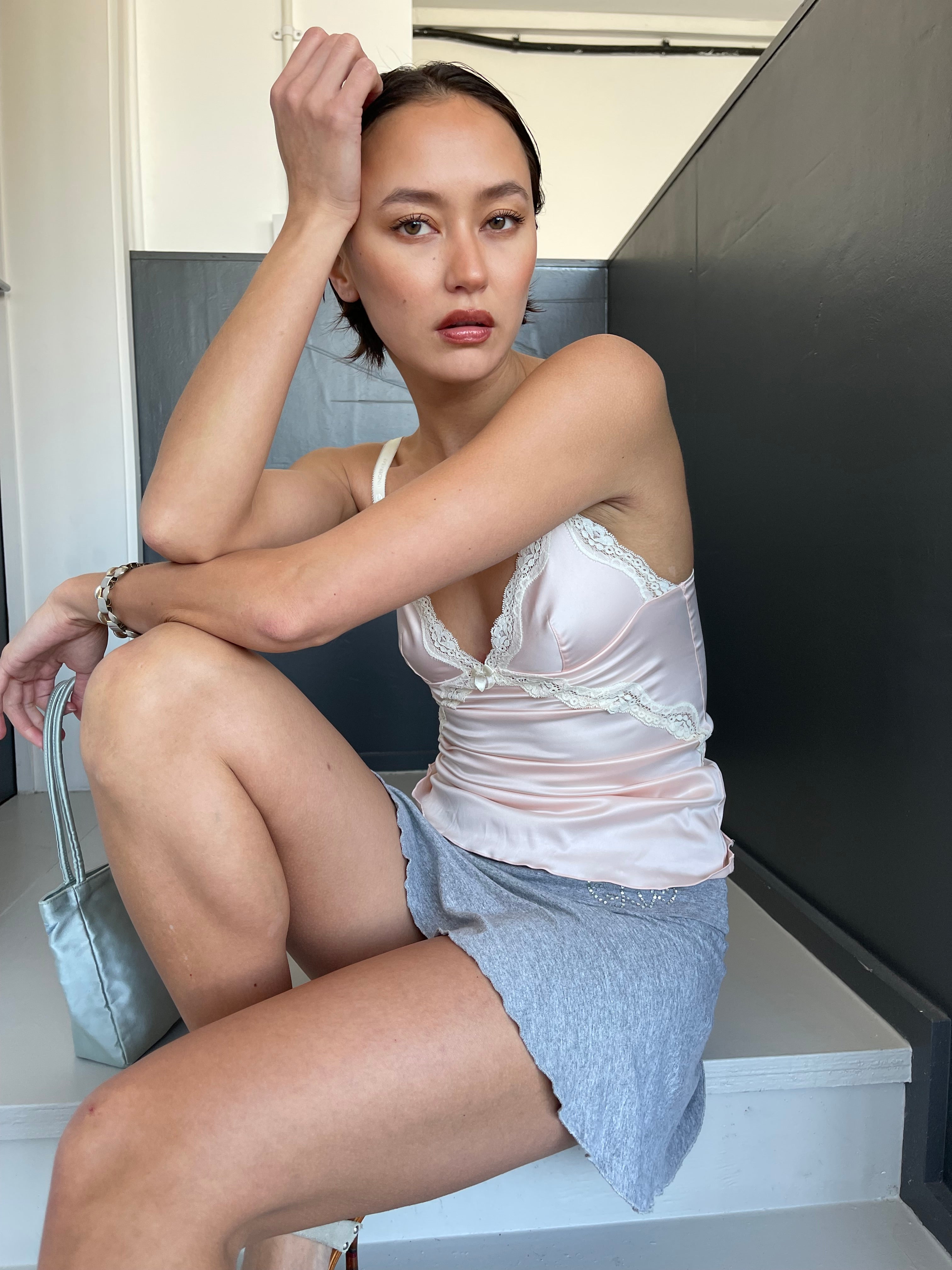 D&G Dolce & Gabbana pale blush pink cami top with cream lace trims