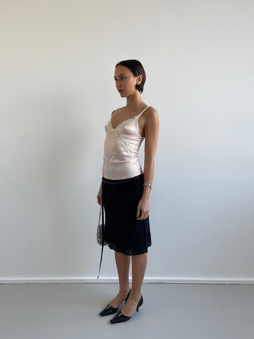 Peg black slinky skirt with lace trim