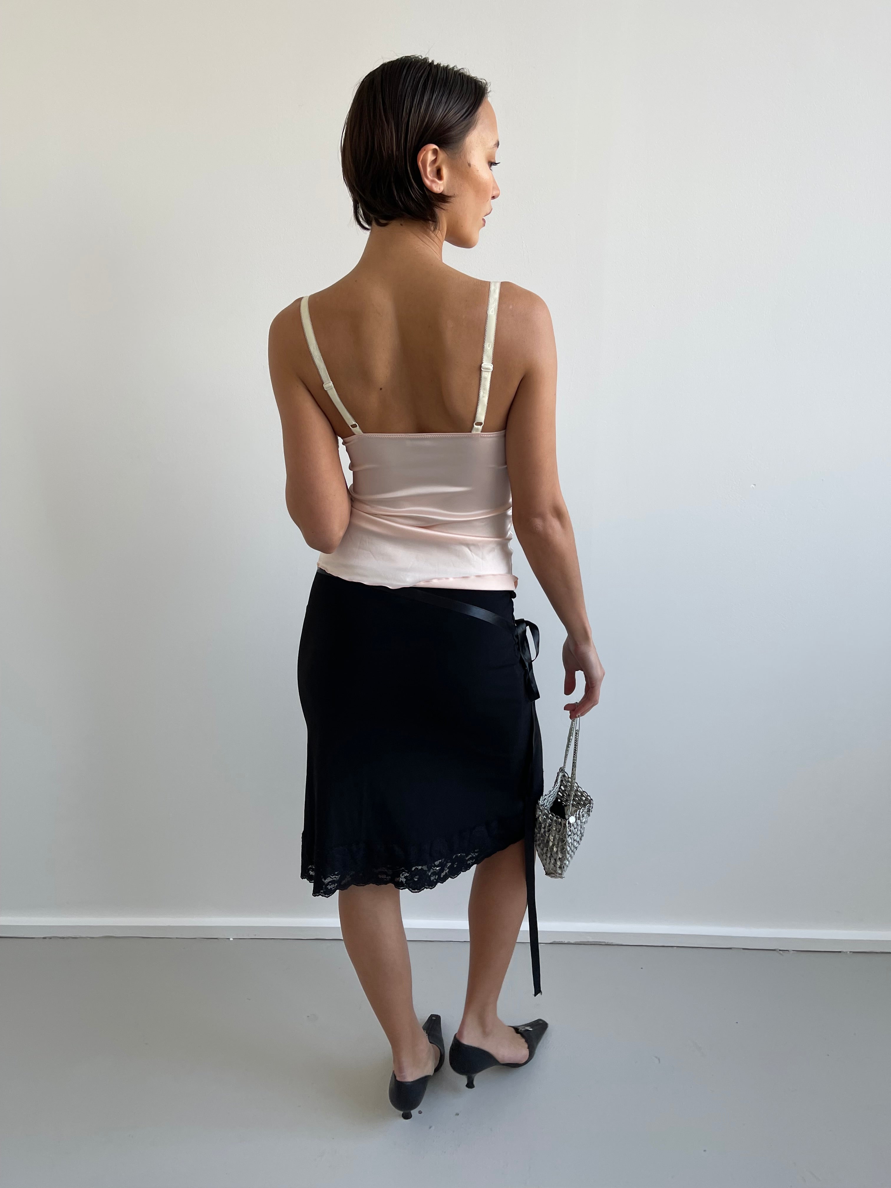 Peg black slinky skirt with lace trim