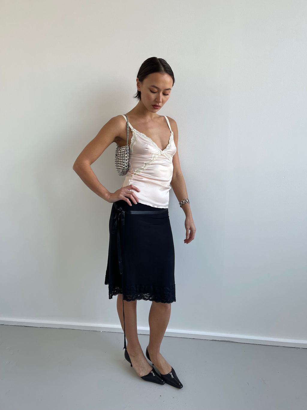 Peg black slinky skirt with lace trim