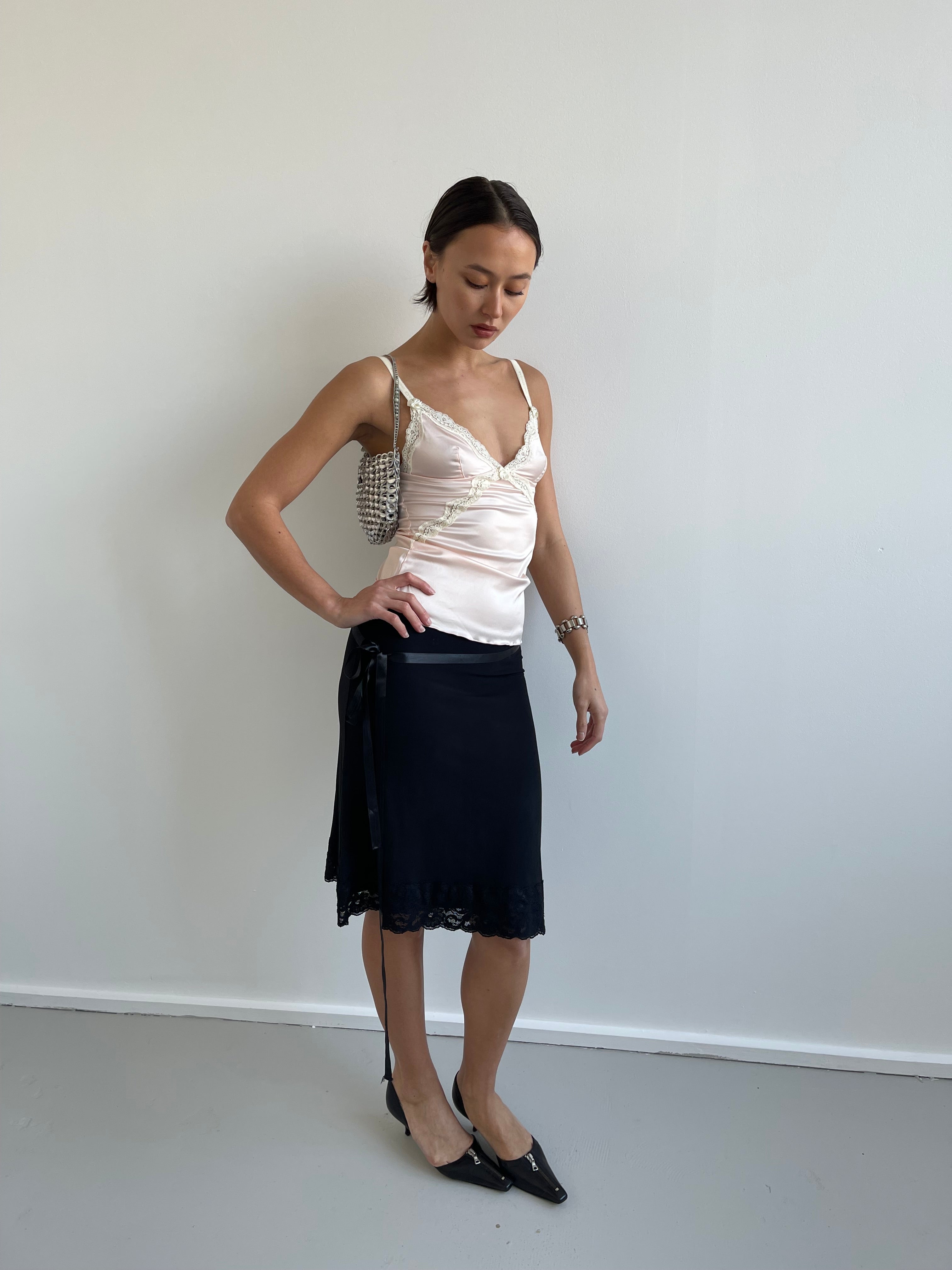 Peg black slinky skirt with lace trim