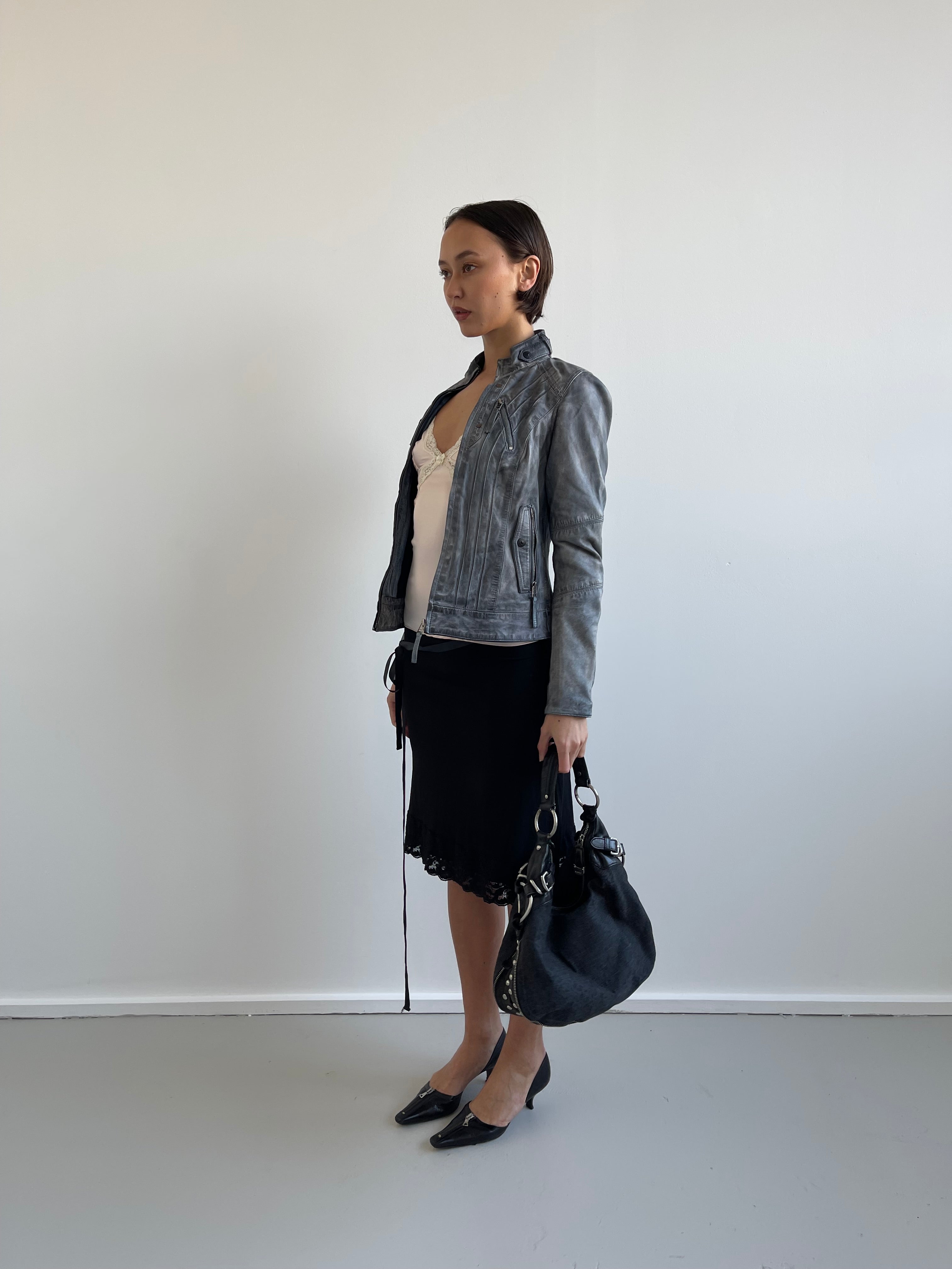 Miracle of Denim grey blue distressed leather jacket