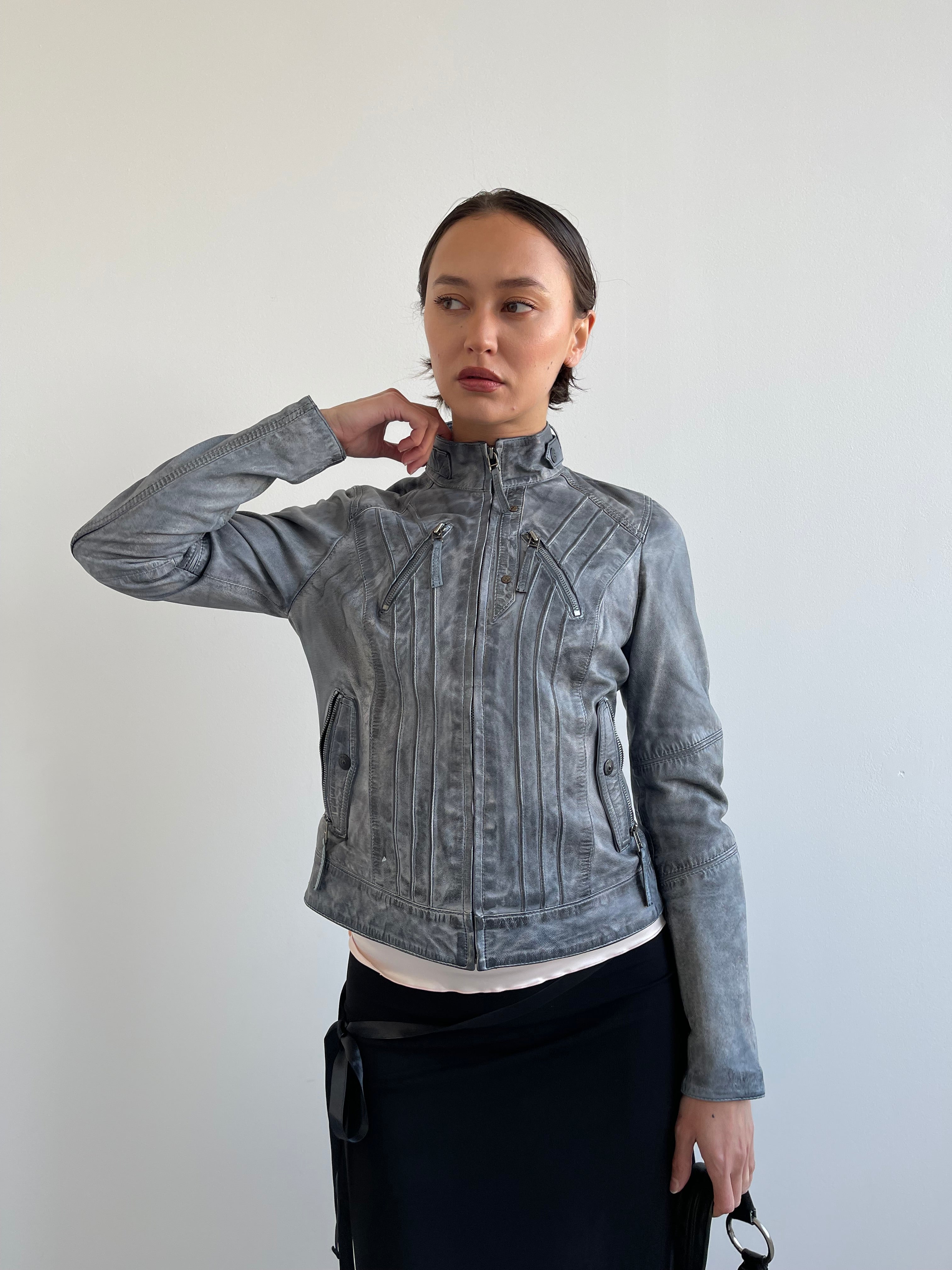 Miracle of Denim grey blue distressed leather jacket