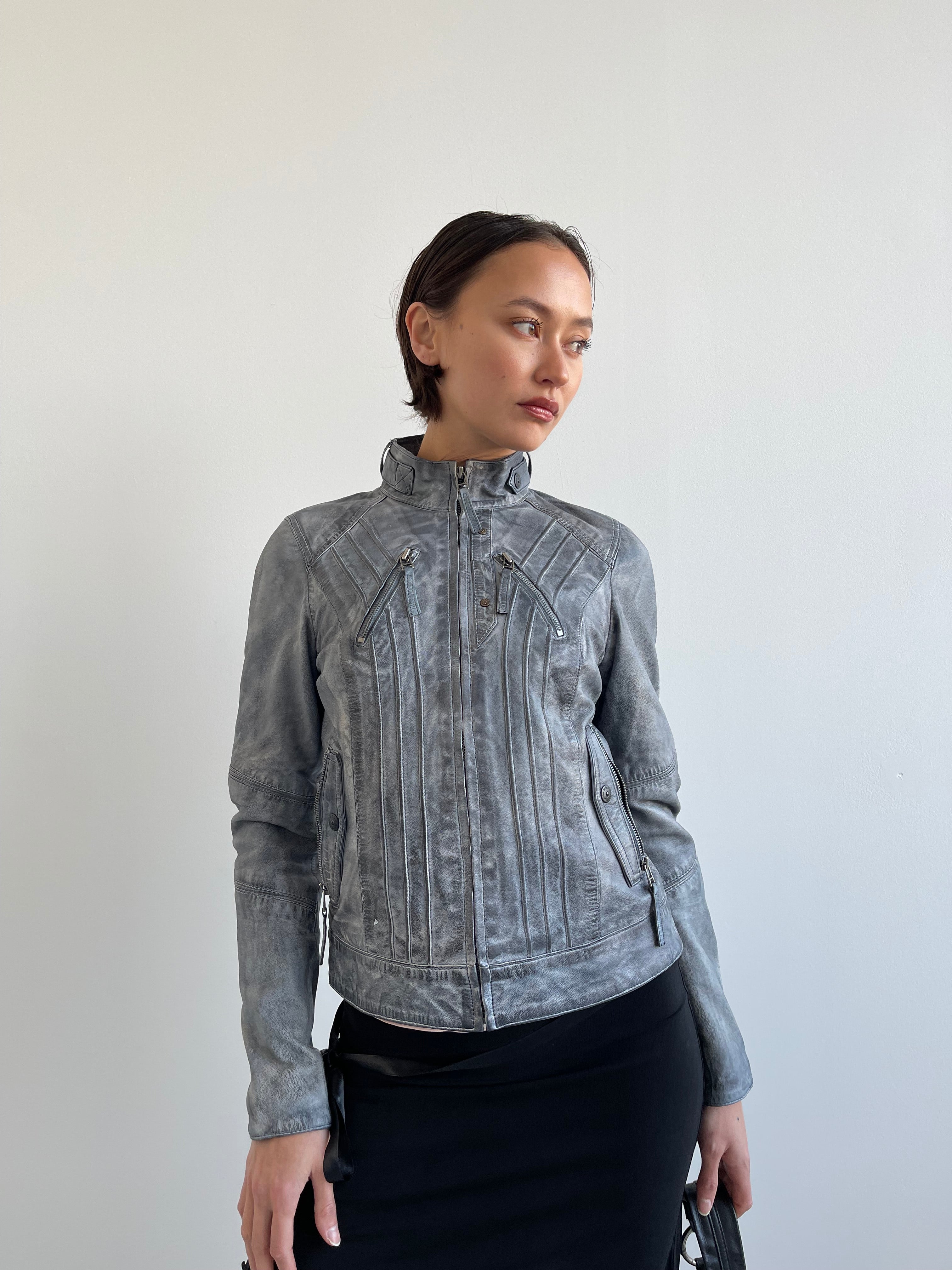 Miracle of Denim grey blue distressed leather jacket