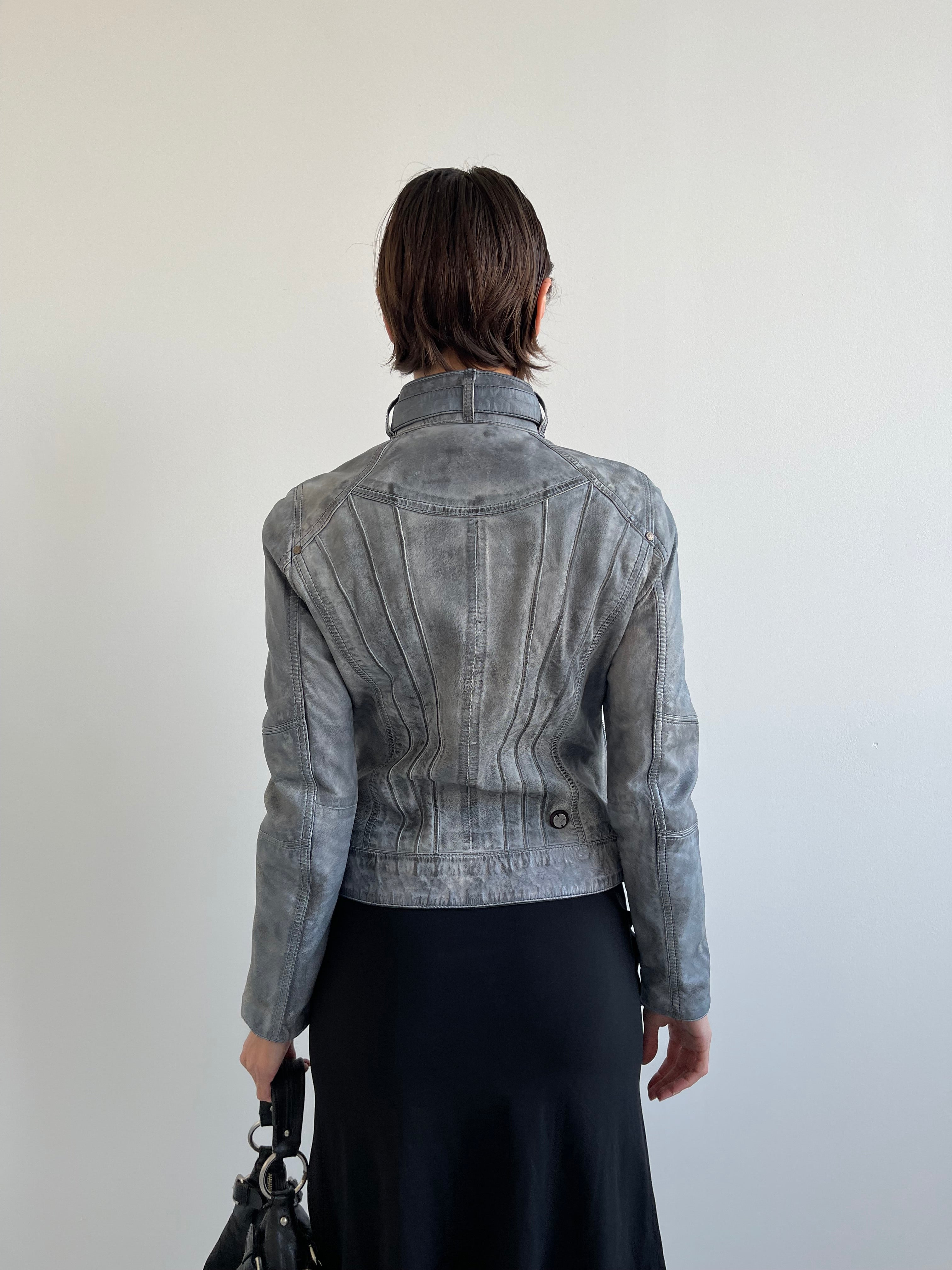 Miracle of Denim grey blue distressed leather jacket