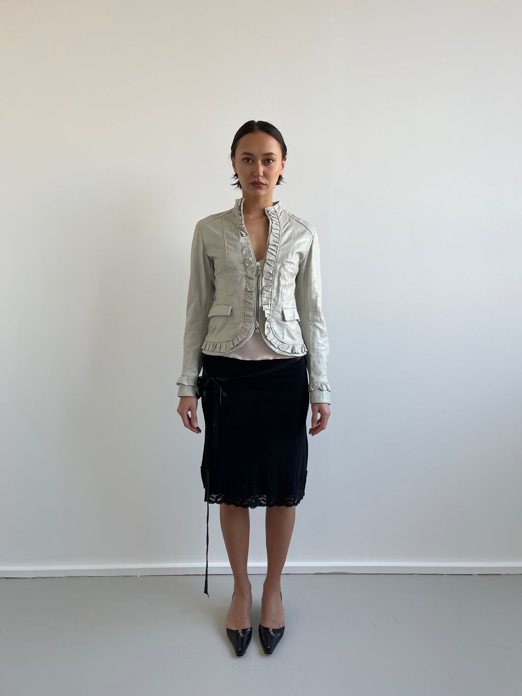 HFN light grey/cream ruffle leather jacket