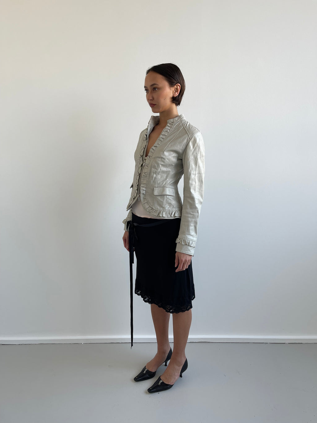 HFN light grey/cream ruffle leather jacket